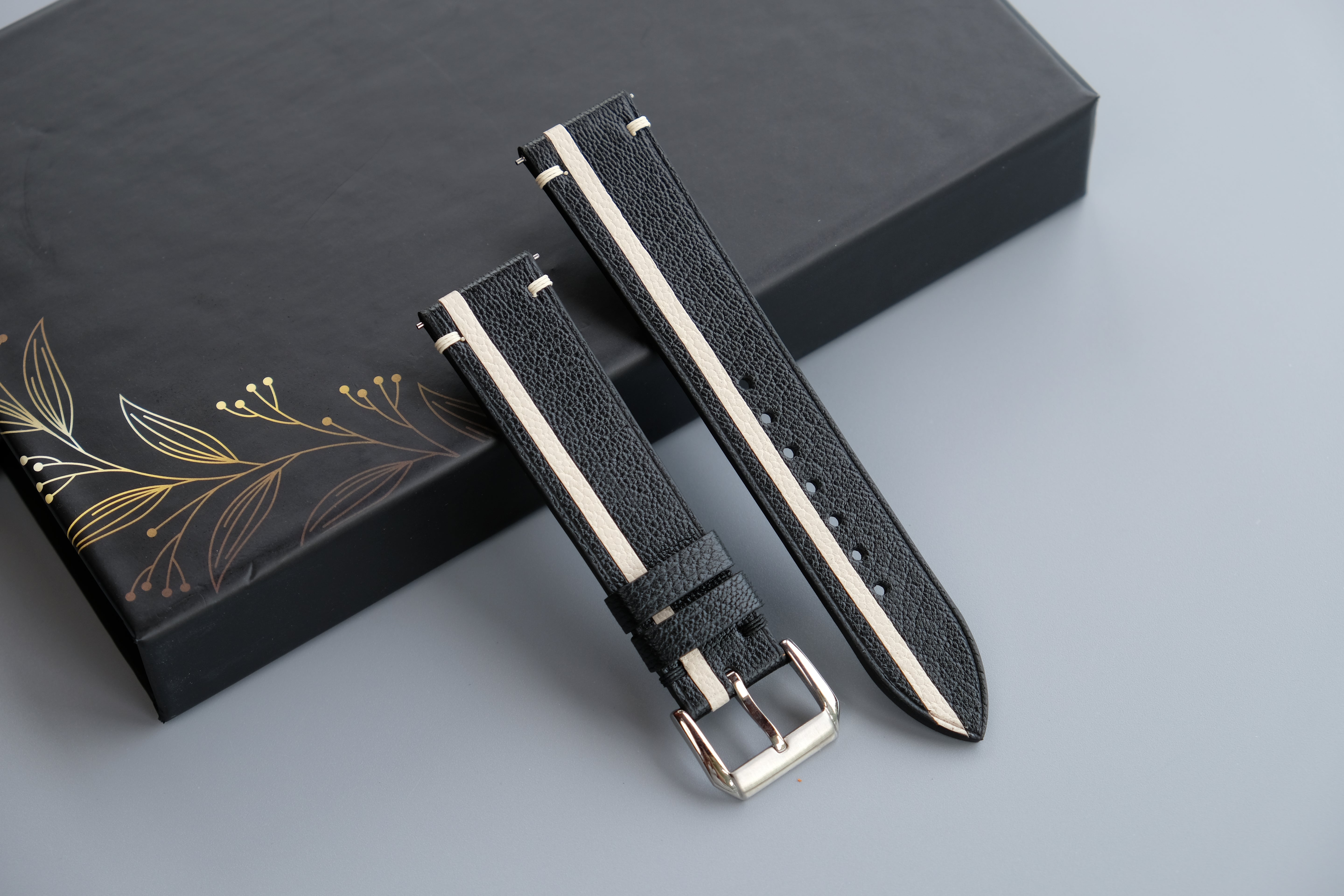 Two-Tone Black and Cream Leather Watch Strap | Chevre Sully French Leather | Handmade | Custom Sizes 26mm–16mm