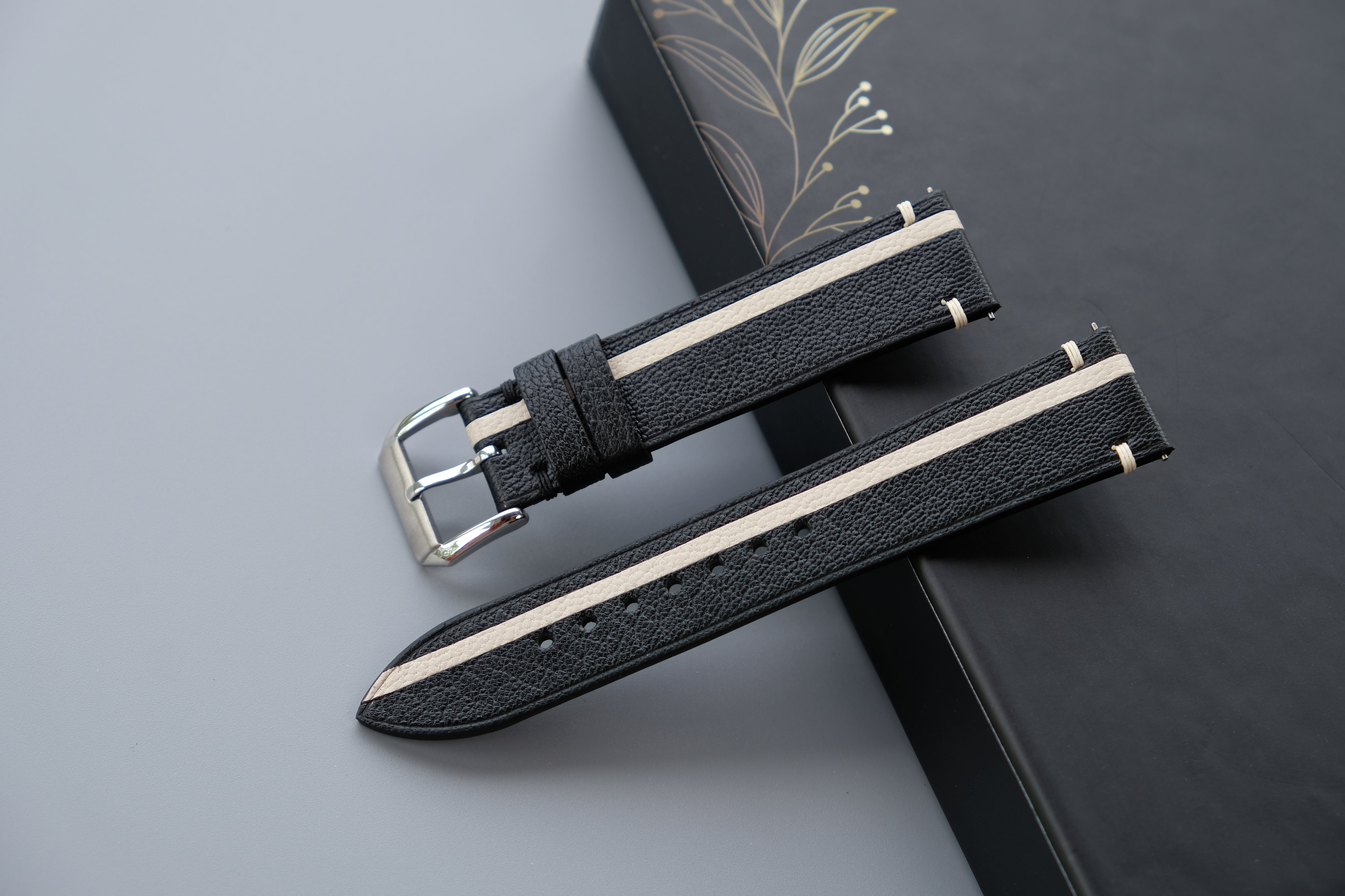 Two-Tone Black and Cream Leather Watch Strap | Chevre Sully French Leather | Handmade | Custom Sizes 26mm–16mm