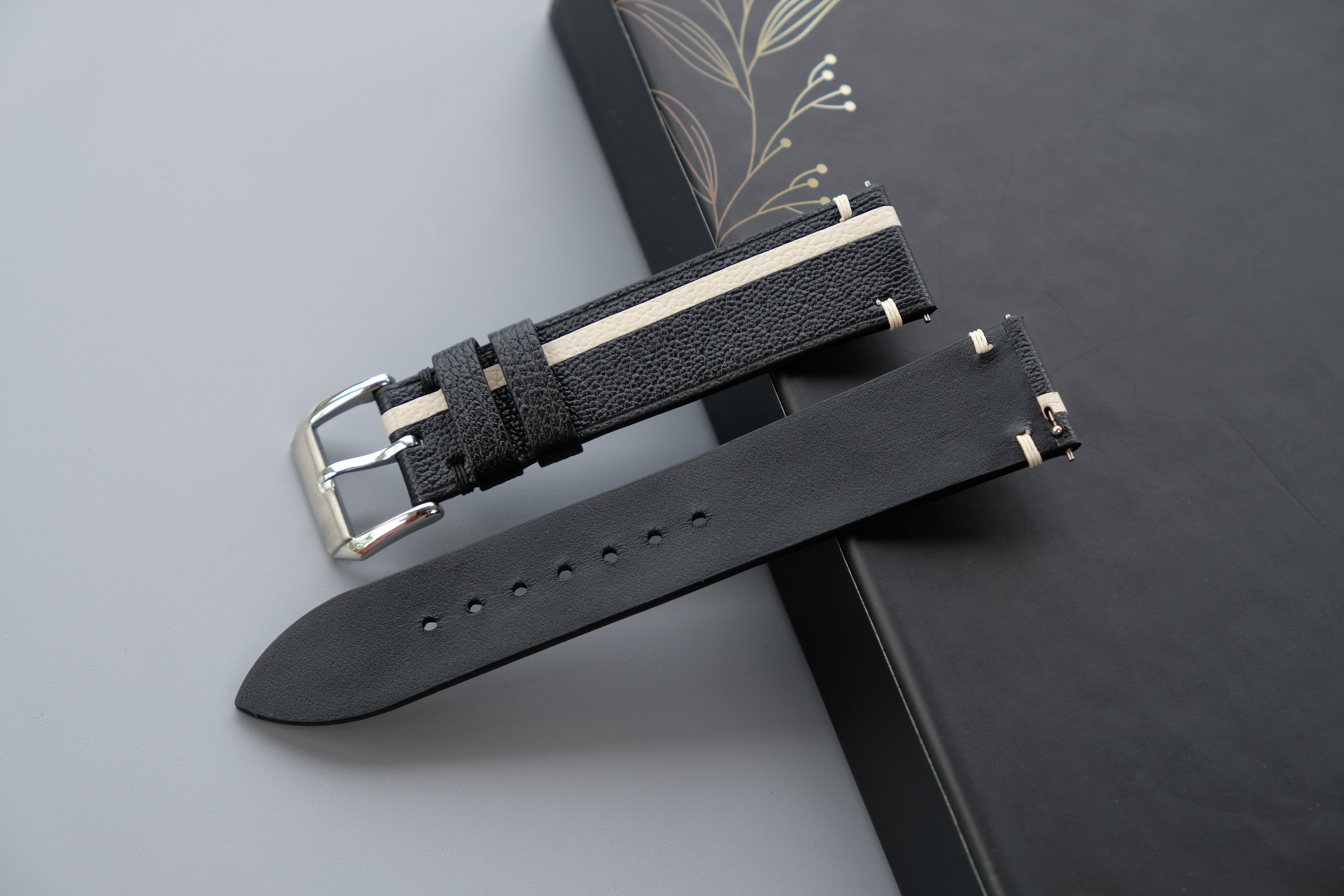Two-Tone Black and Cream Leather Watch Strap | Chevre Sully French Leather | Handmade | Custom Sizes 26mm–16mm