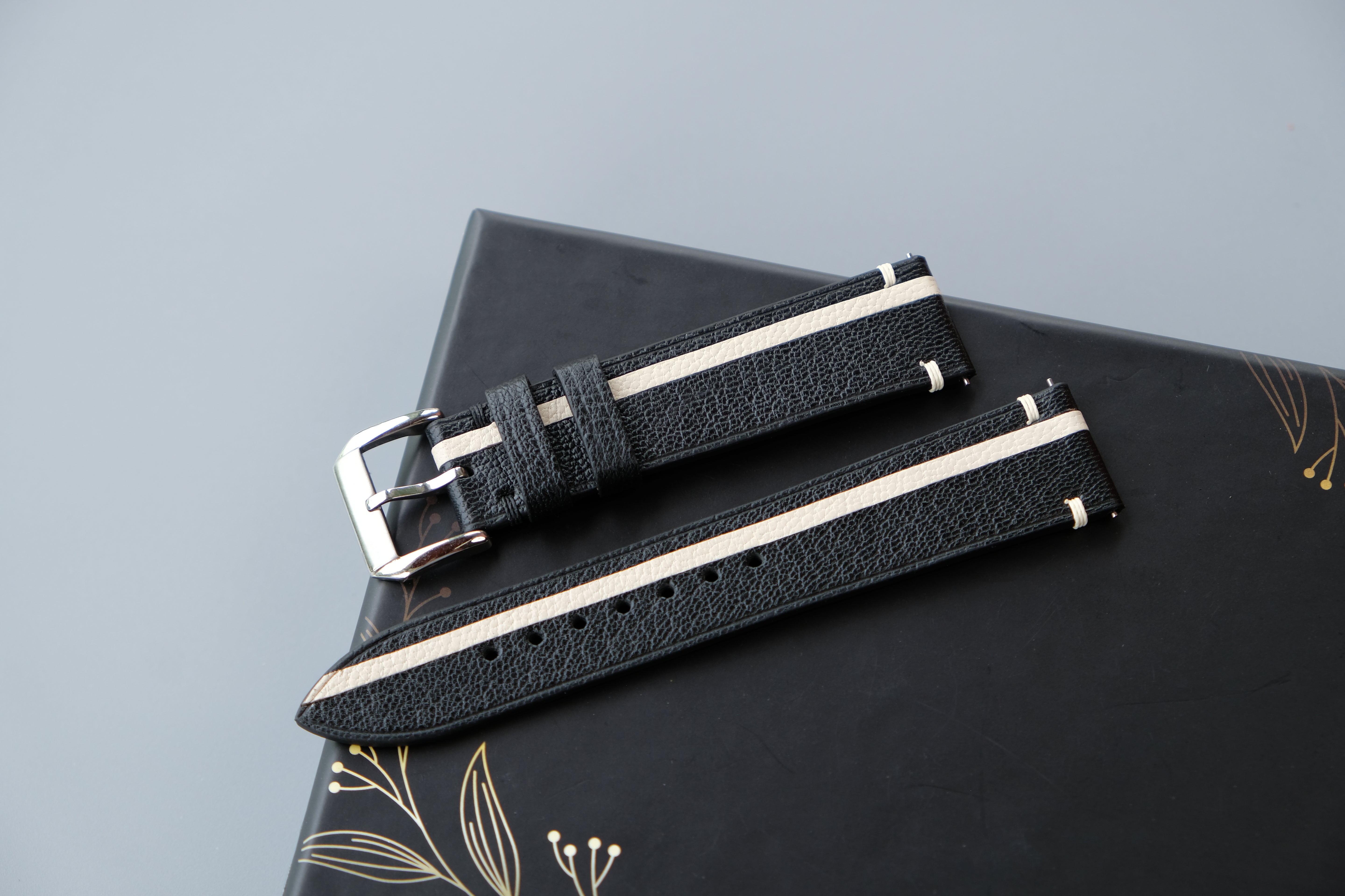 Two-Tone Black and Cream Leather Watch Strap | Chevre Sully French Leather | Handmade | Custom Sizes 26mm–16mm