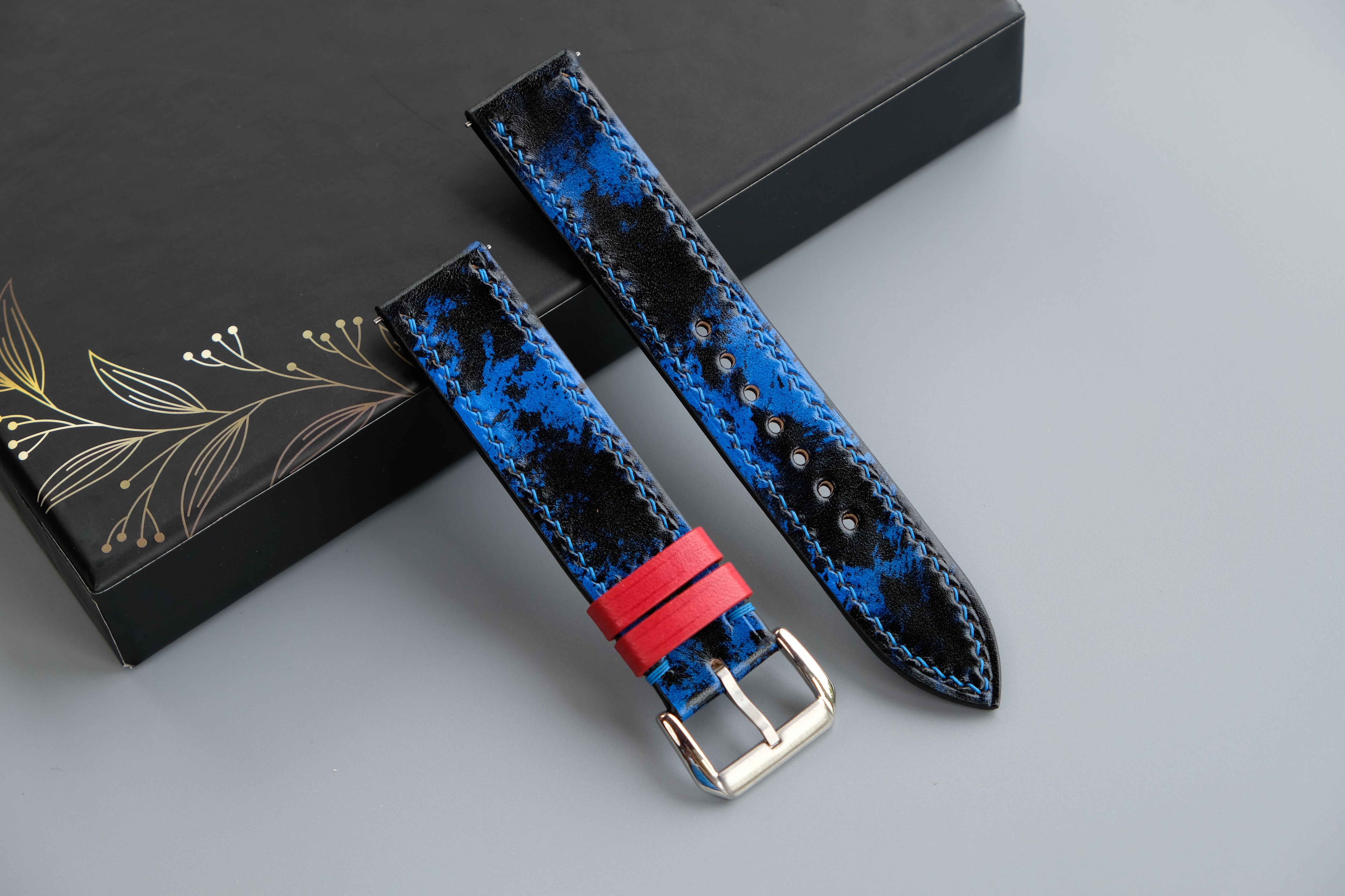 Blue And Black Veg-Tan Patina Leather Watch Strap - Custom Sizes From 26mm to 10mm