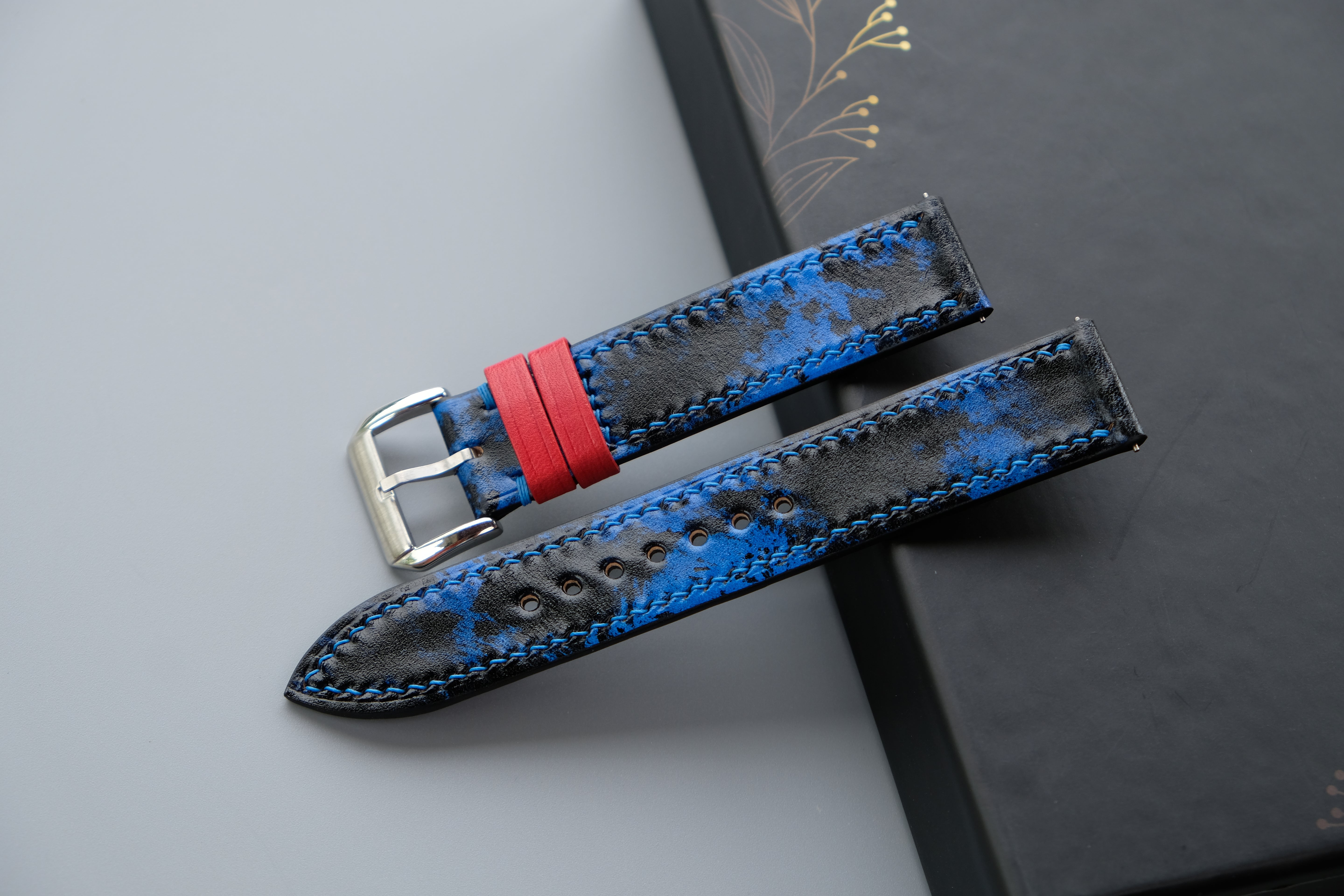 Blue And Black Veg-Tan Patina Leather Watch Strap - Custom Sizes From 26mm to 10mm