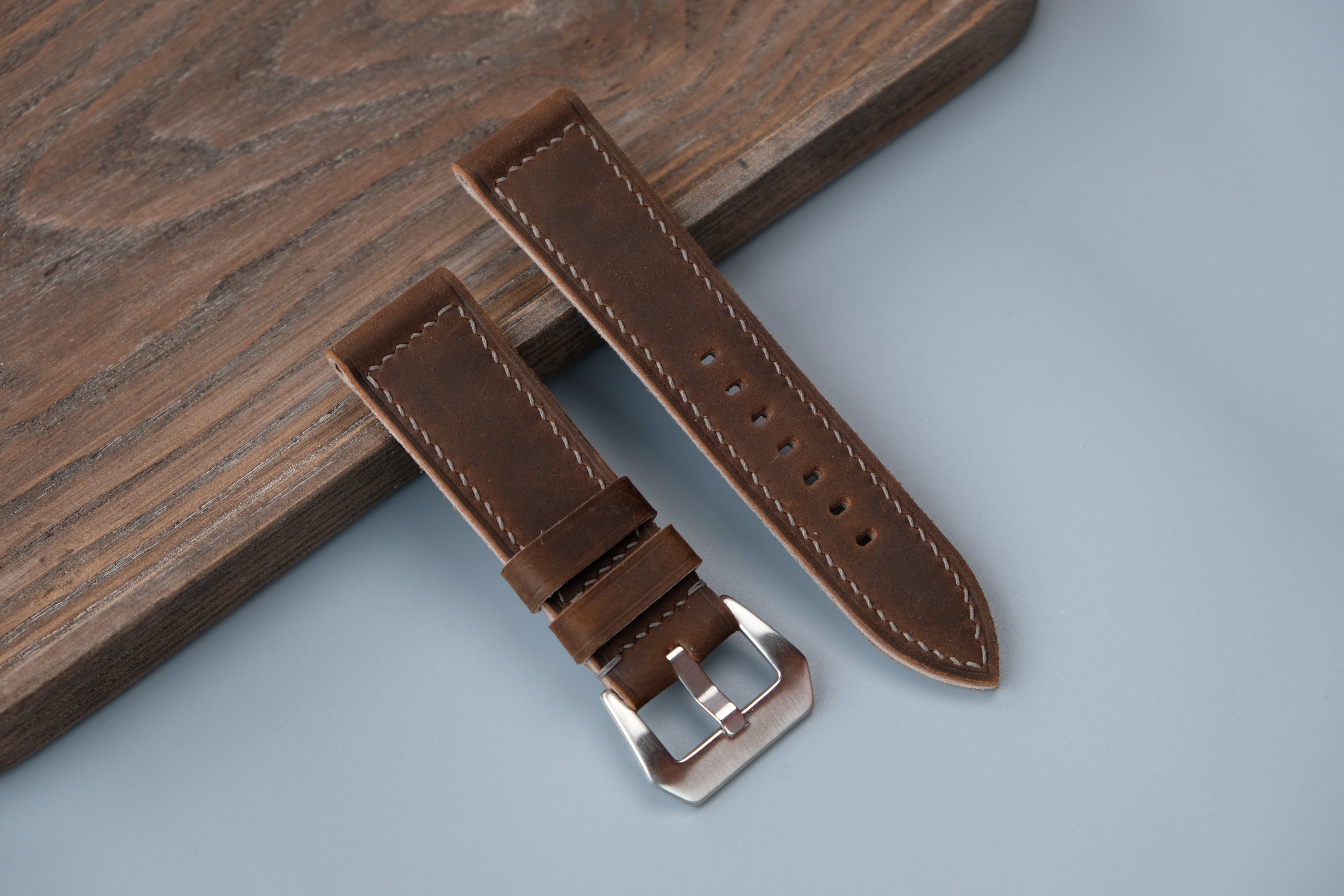 Vintage Brown Leather Watch Strap, Custom Sizes 26mm–22mm, Fits Panerai Style Watches