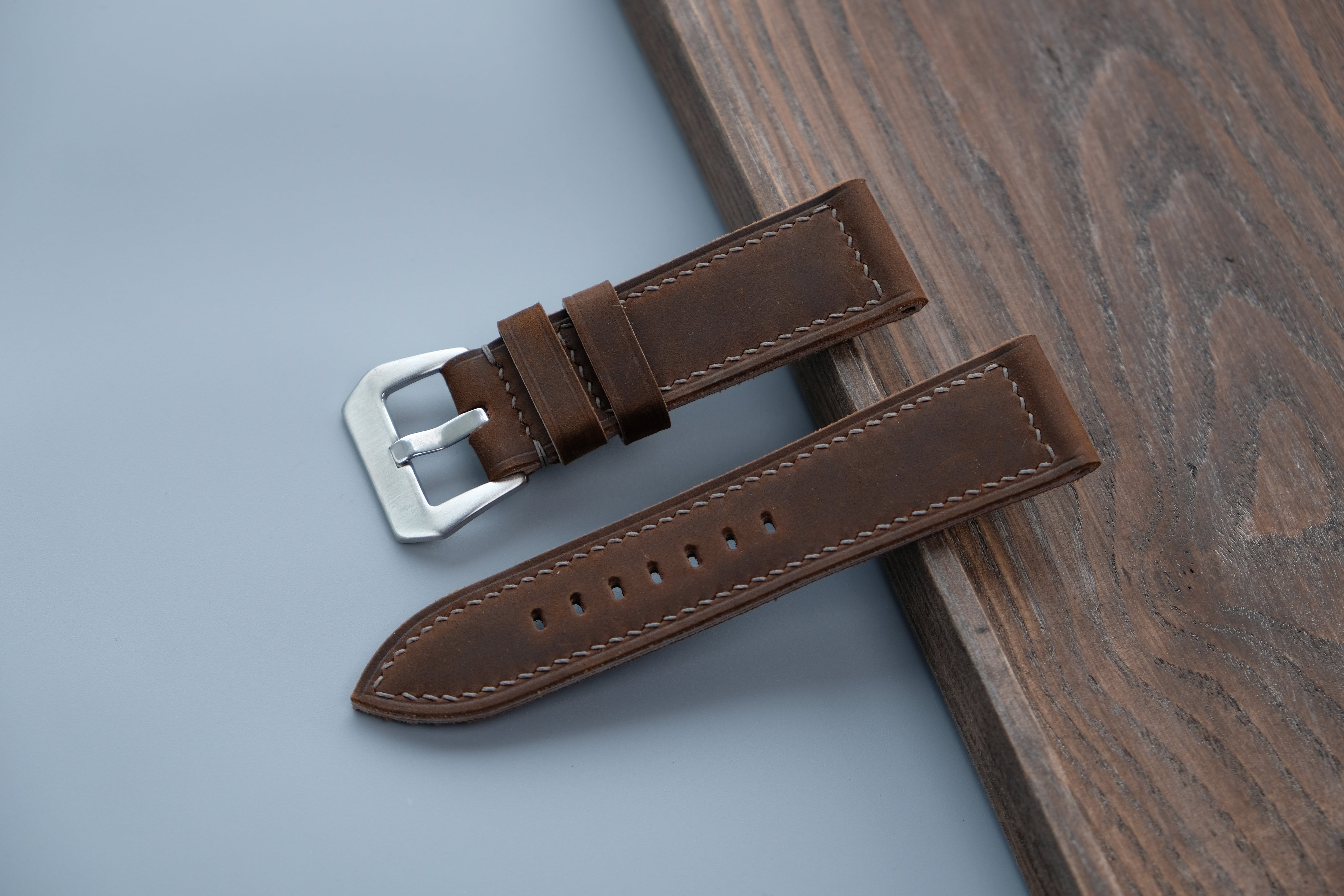 Vintage Brown Leather Watch Strap, Custom Sizes 26mm–22mm, Fits Panerai Style Watches