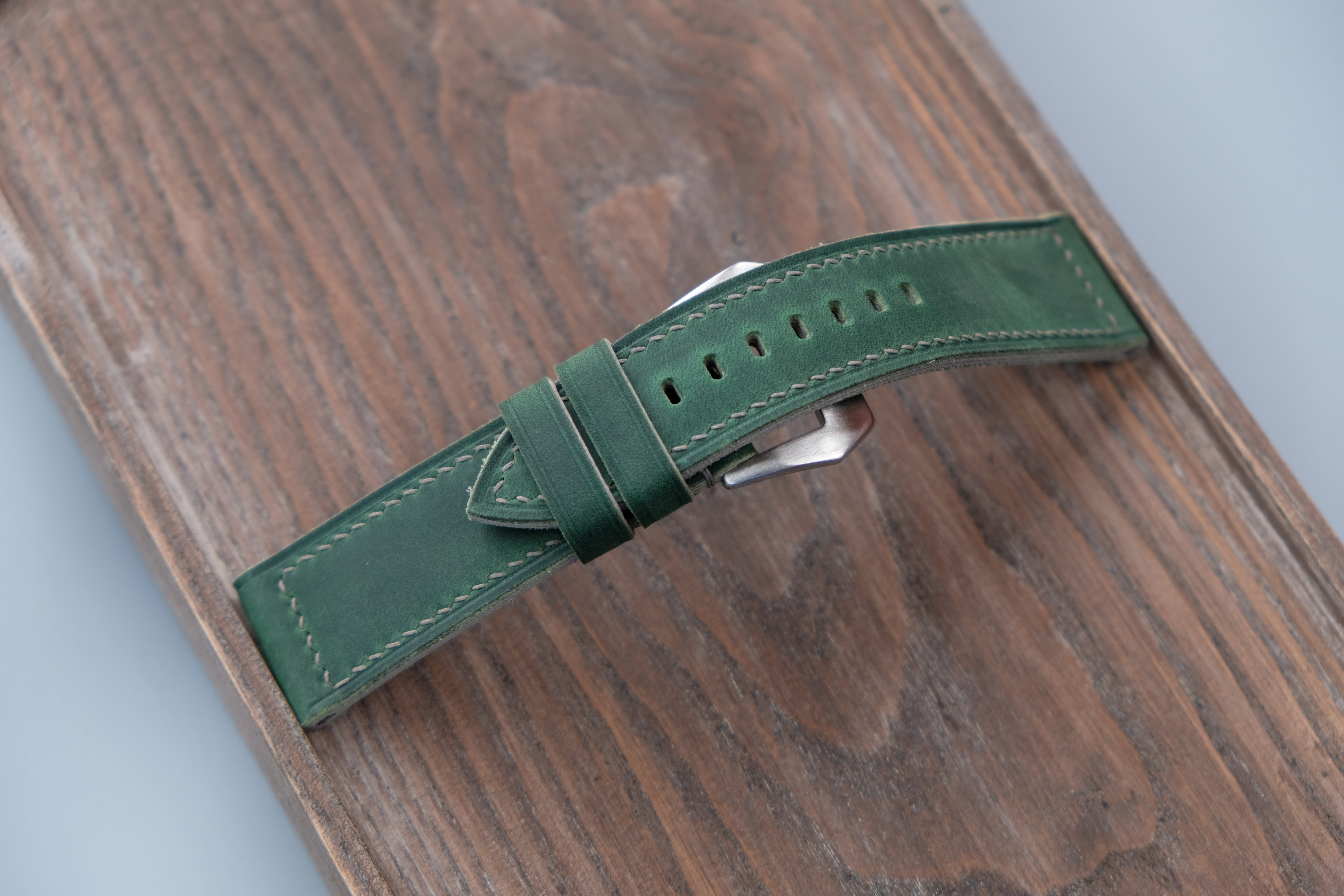 Vintage Dark Green Leather Watch Strap, Custom Sizes 26mm–22mm, Fits Panerai Style Watches