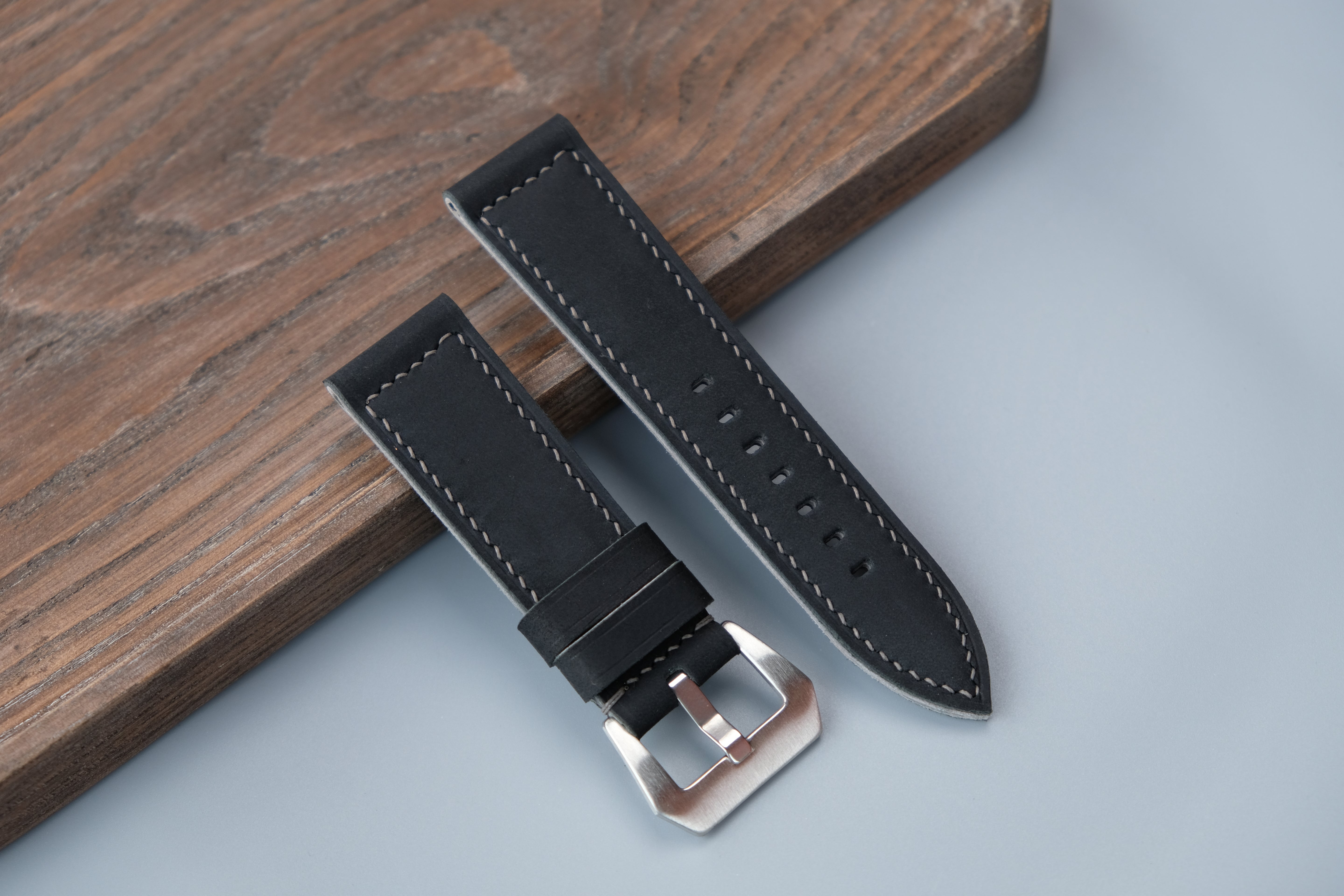 Vintage Black Leather Watch Strap, Custom Sizes 26mm–22mm, Fits Panerai Style Watches