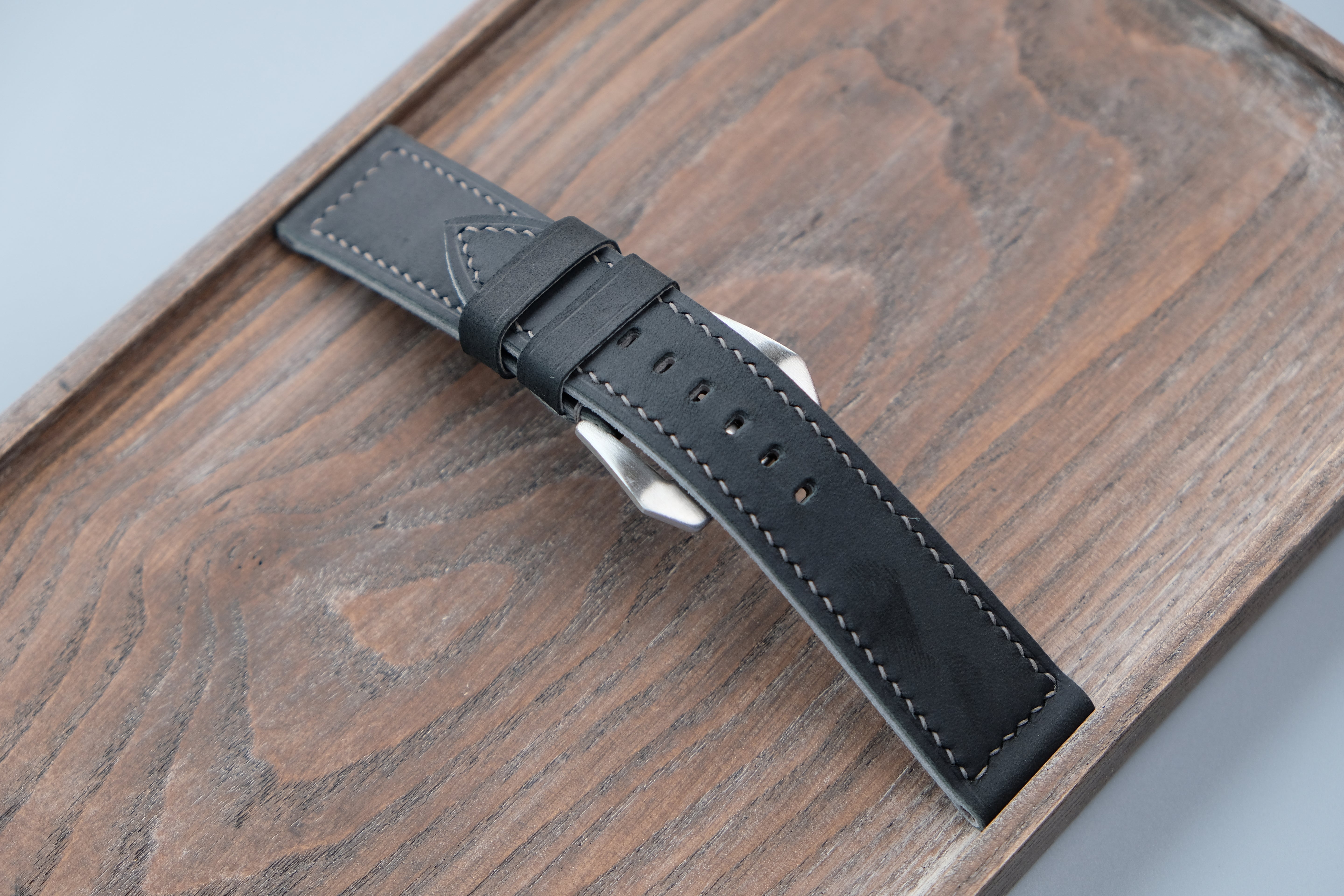 Vintage Black Leather Watch Strap, Custom Sizes 26mm–22mm, Fits Panerai Style Watches
