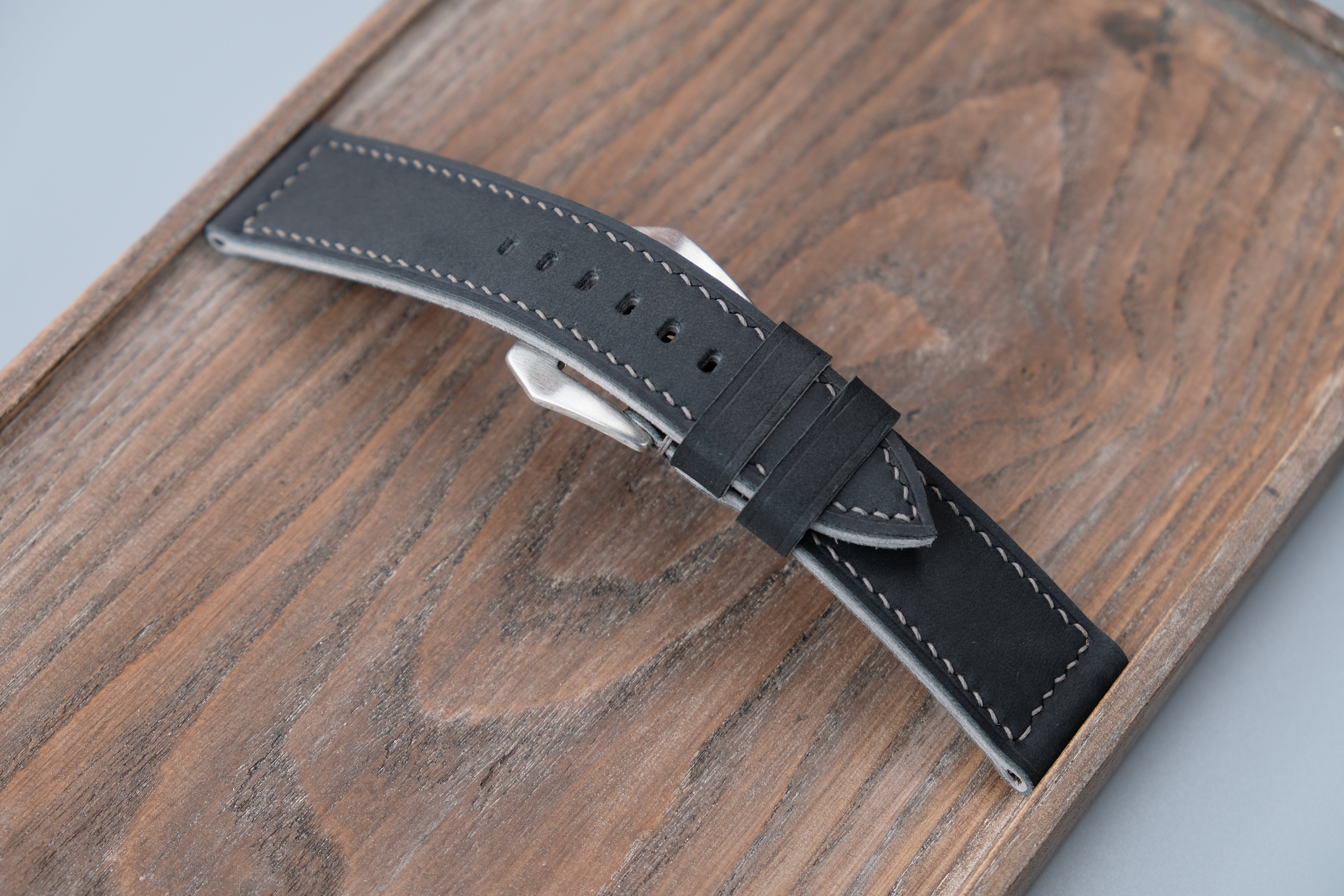 Vintage Black Leather Watch Strap, Custom Sizes 26mm–22mm, Fits Panerai Style Watches