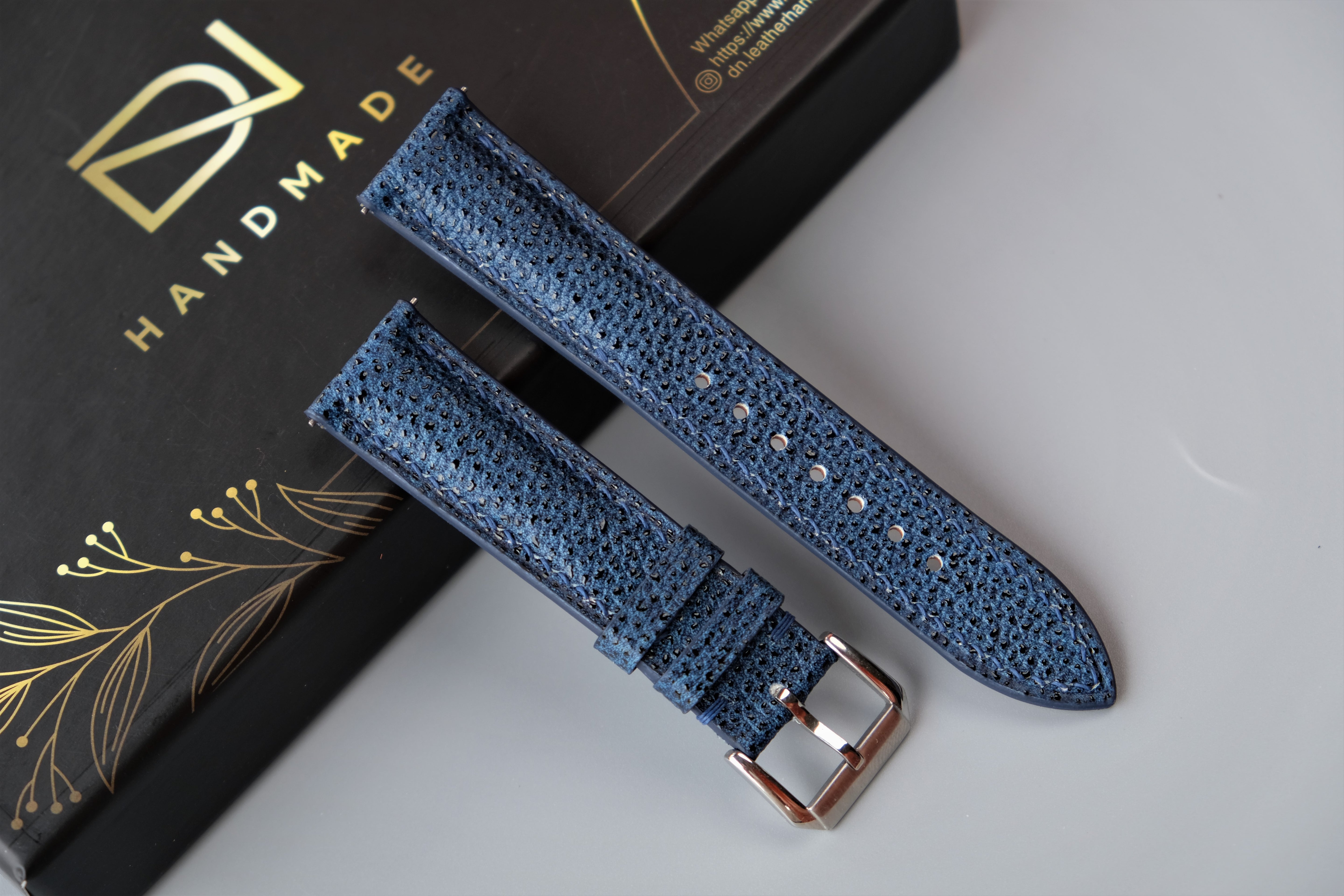 Navy Blue EMBOSSED Calf Leather Watch Strap – Custom Sizes 10mm to 26mm