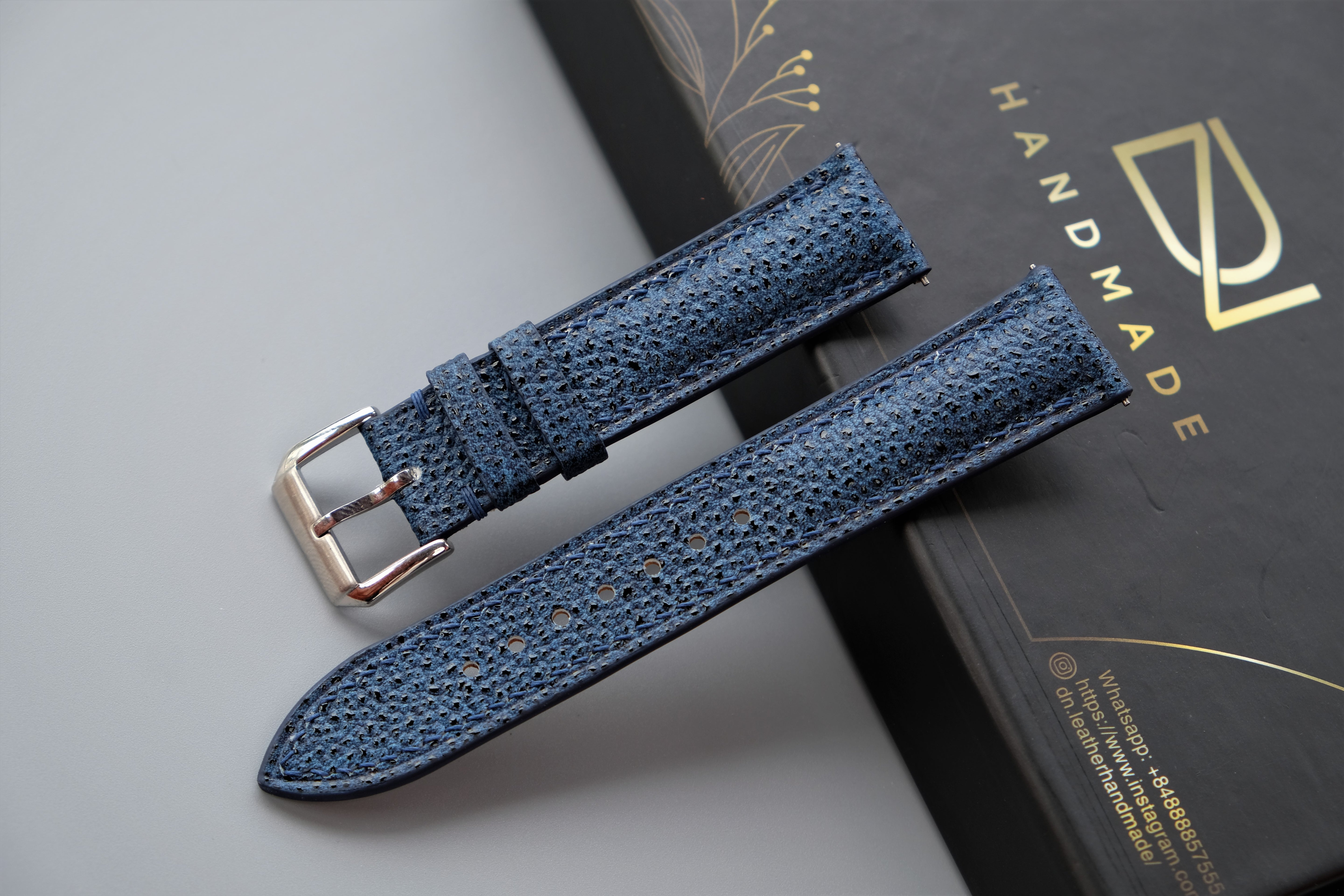 Navy Blue EMBOSSED Calf Leather Watch Strap – Custom Sizes 10mm to 26mm