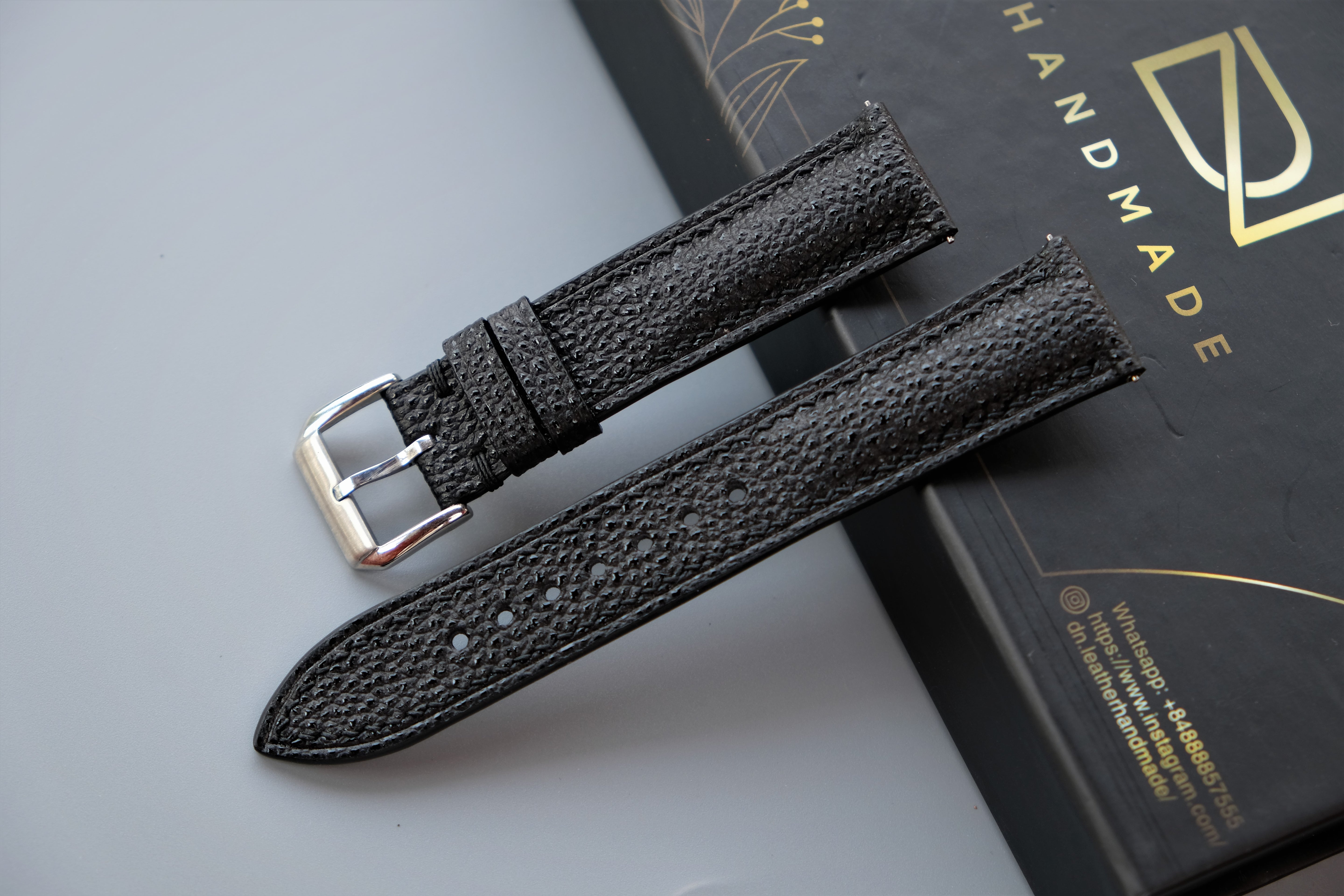 Black EMBOSSED Calf Leather Watch Strap – Custom Sizes 10mm to 26mm