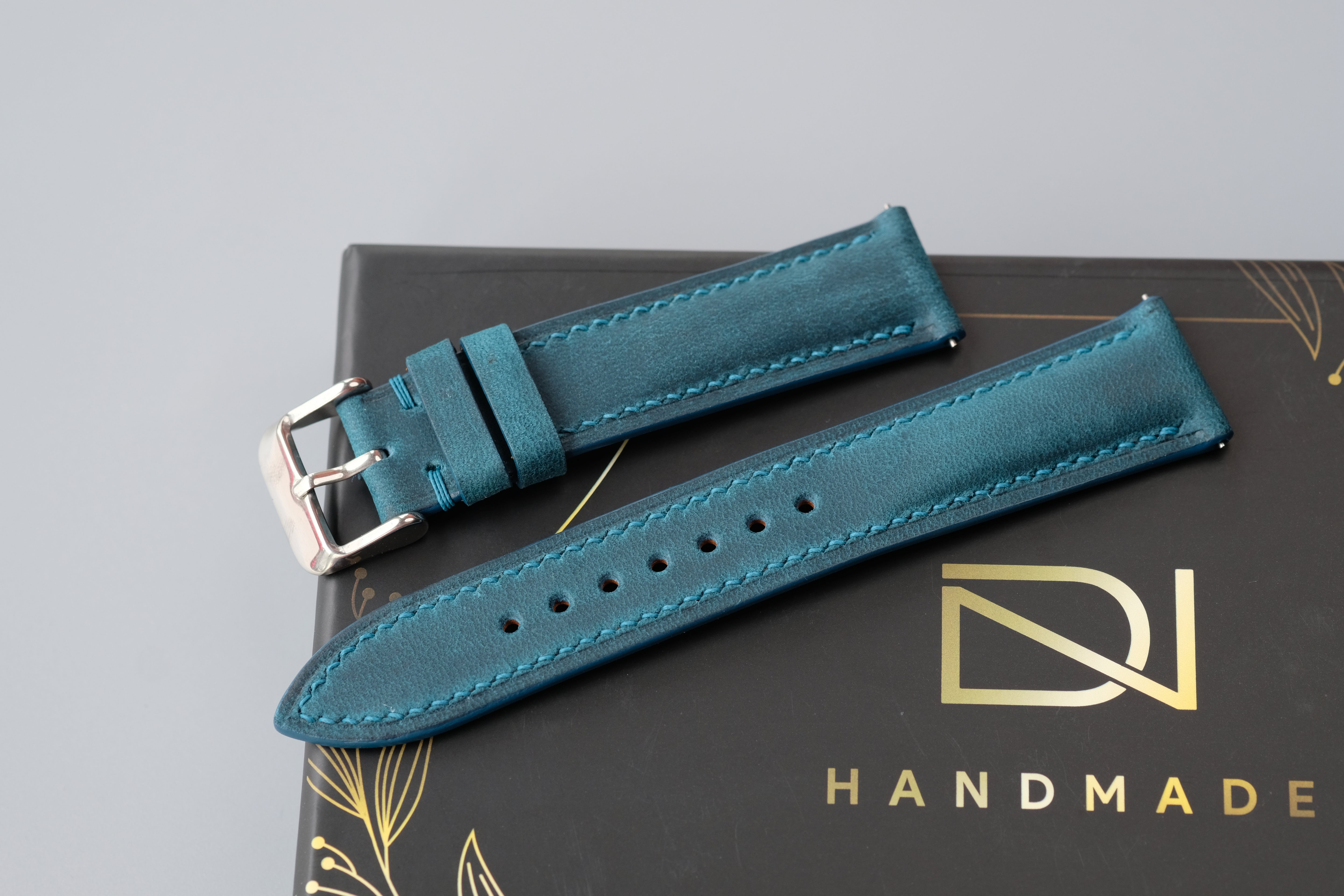 Dark Turquoise Waxed Cowhide Leather Watch Strap – Custom Sizes 16mm to 26mm