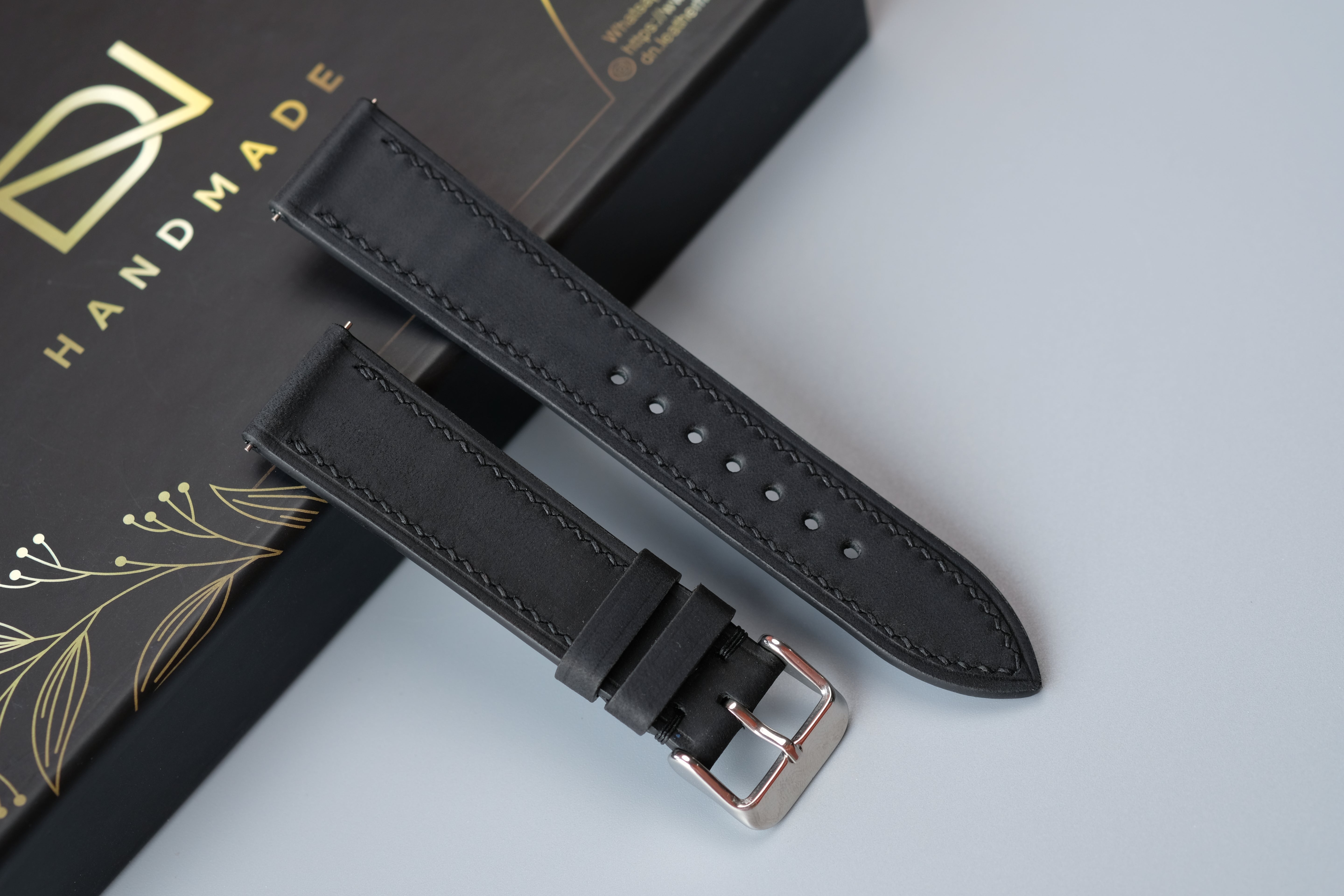 Slim Black Waxed Cowhide Leather Watch Strap – Custom Sizes 10mm to 26mm