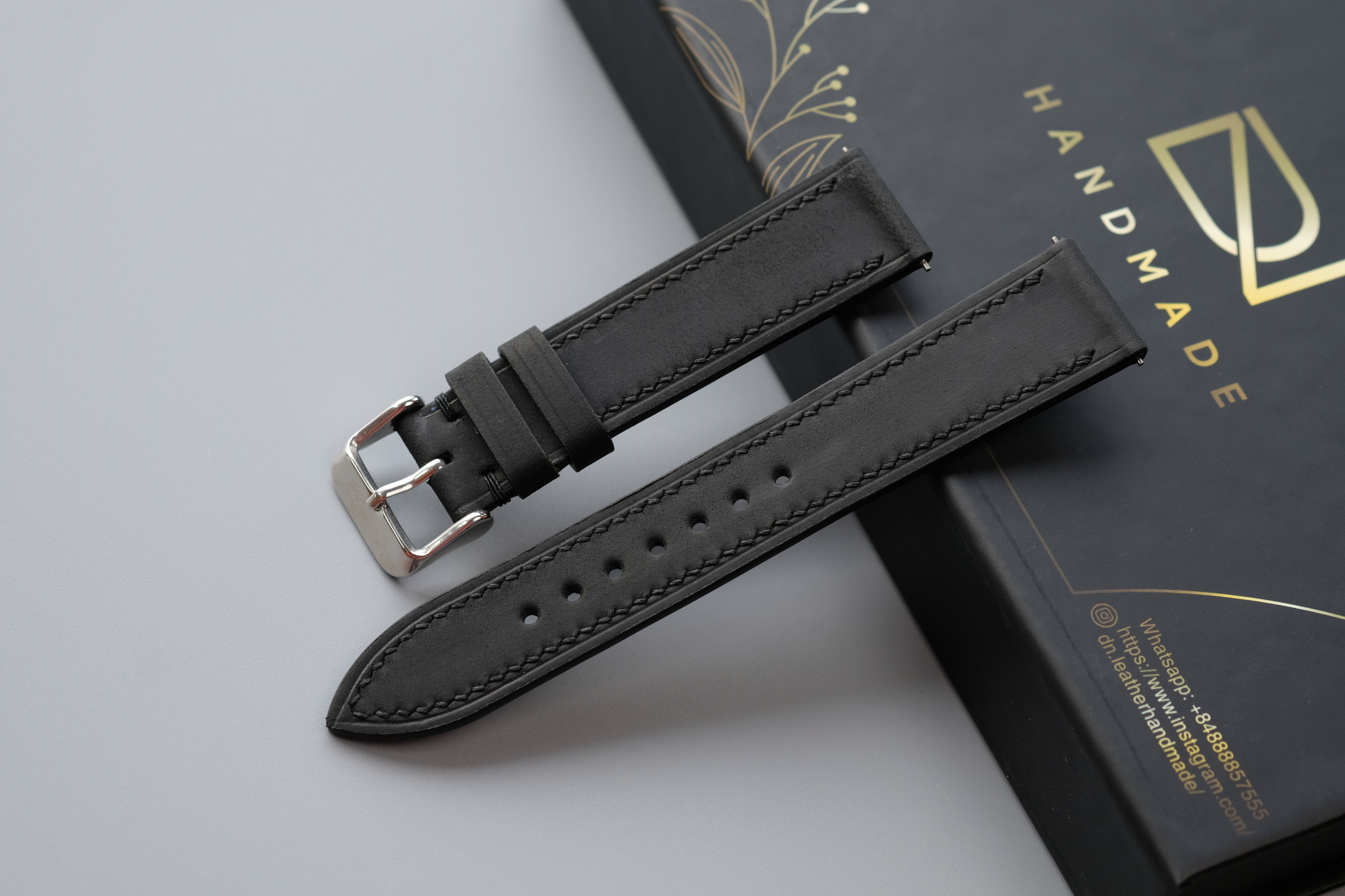 Slim Black Waxed Cowhide Leather Watch Strap – Custom Sizes 10mm to 26mm