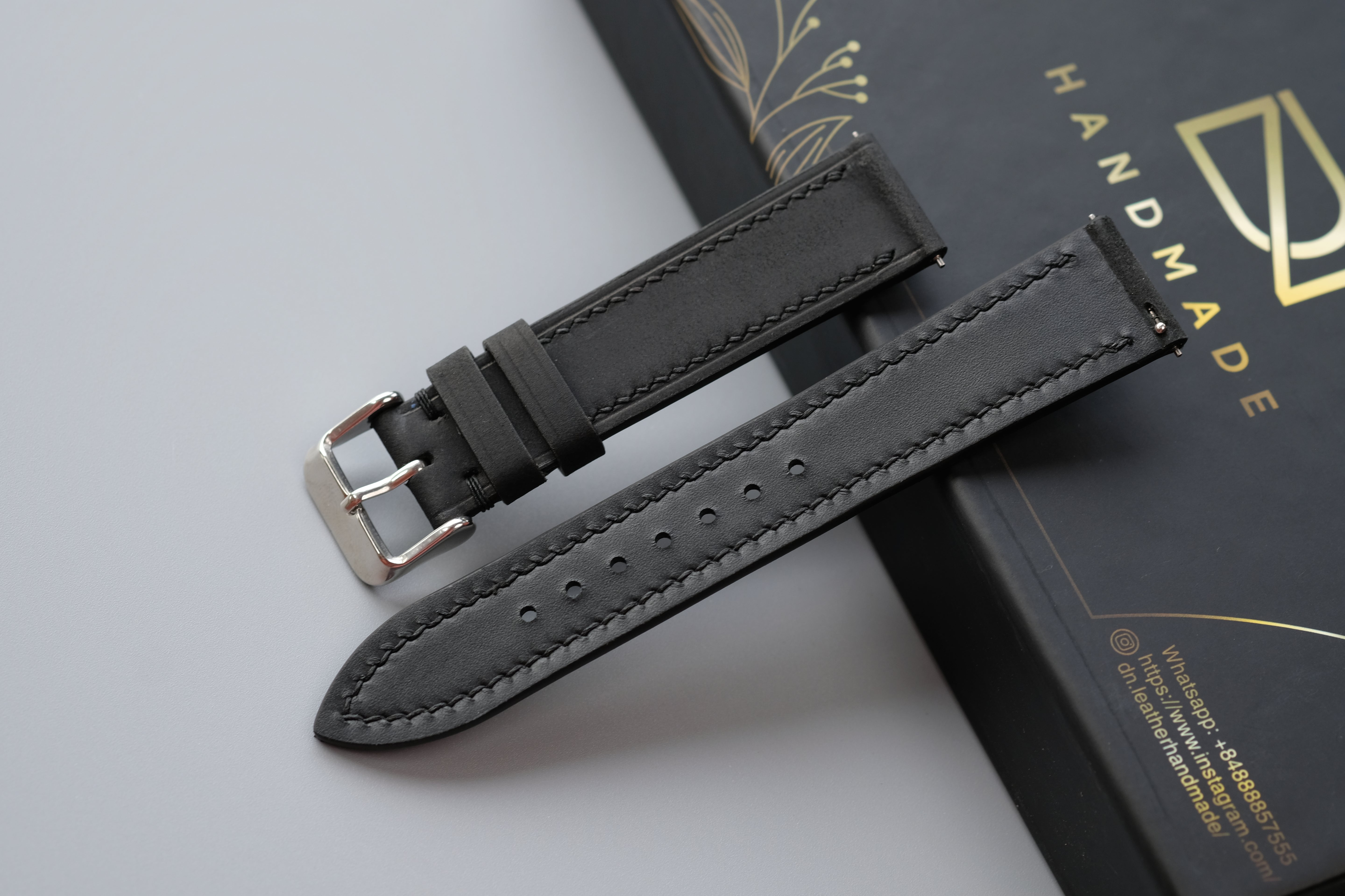 Slim Black Waxed Cowhide Leather Watch Strap – Custom Sizes 10mm to 26mm