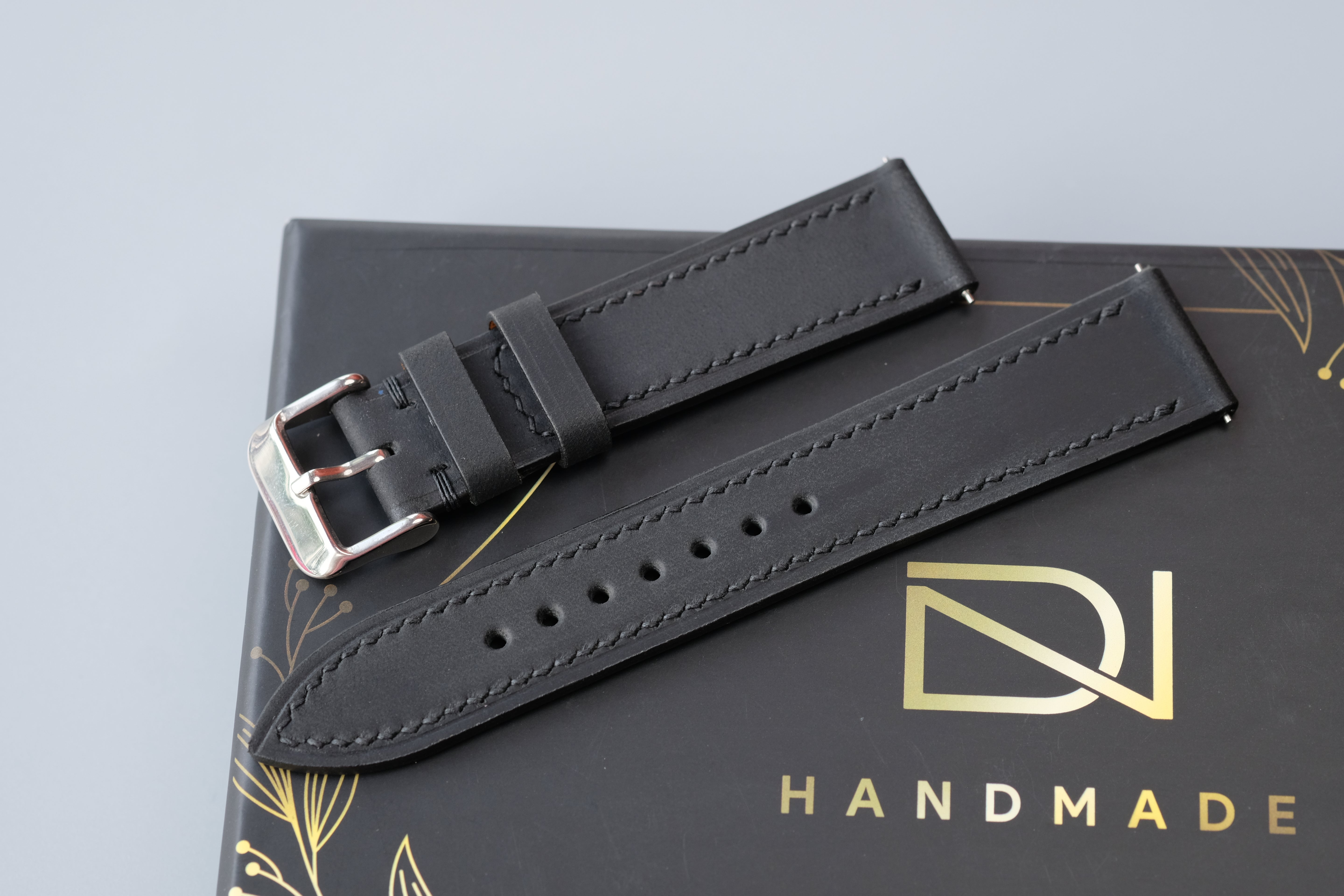 Slim Black Waxed Cowhide Leather Watch Strap – Custom Sizes 10mm to 26mm
