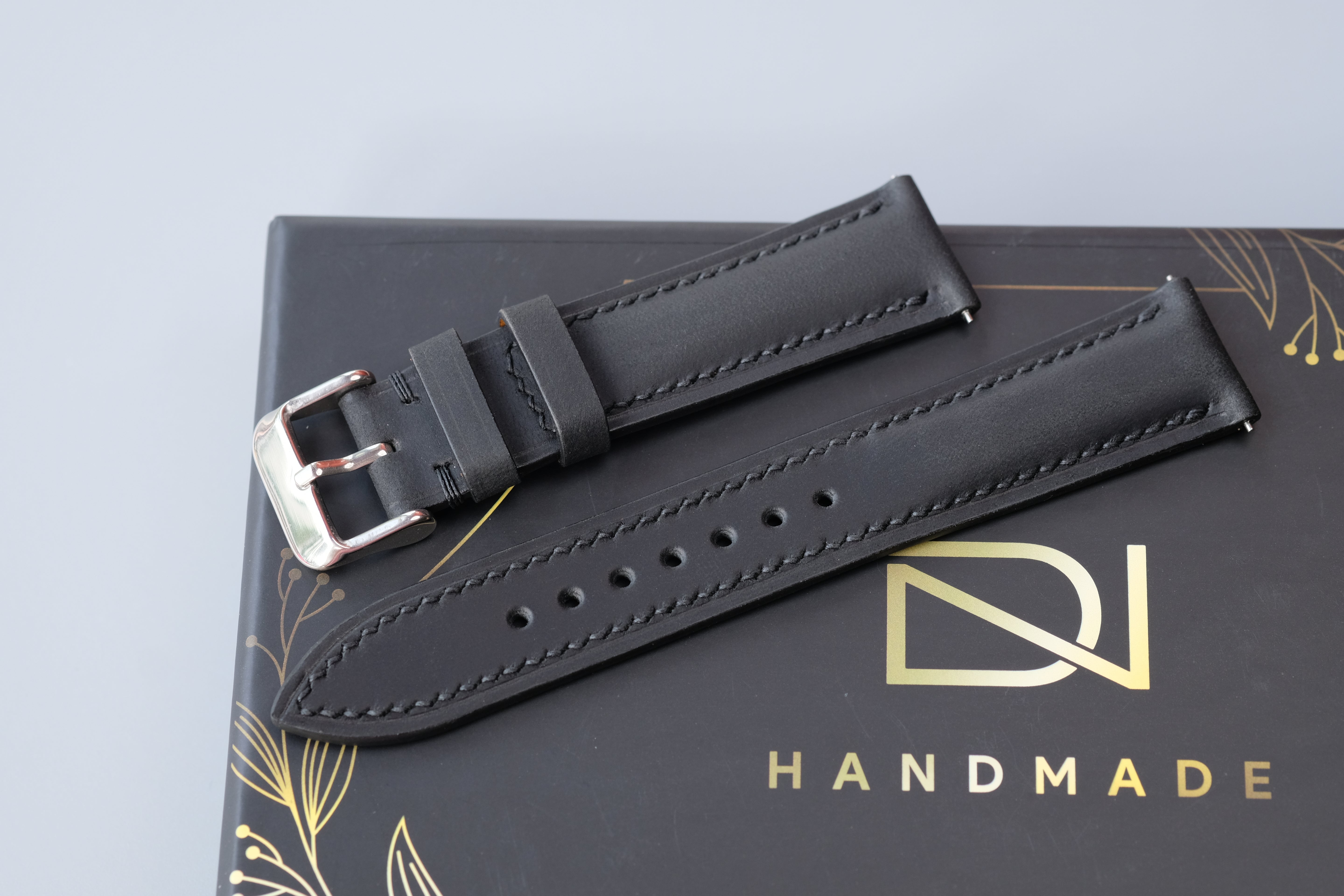 Black Waxed Cowhide Leather Watch Strap – Custom Sizes 16mm to 26mm