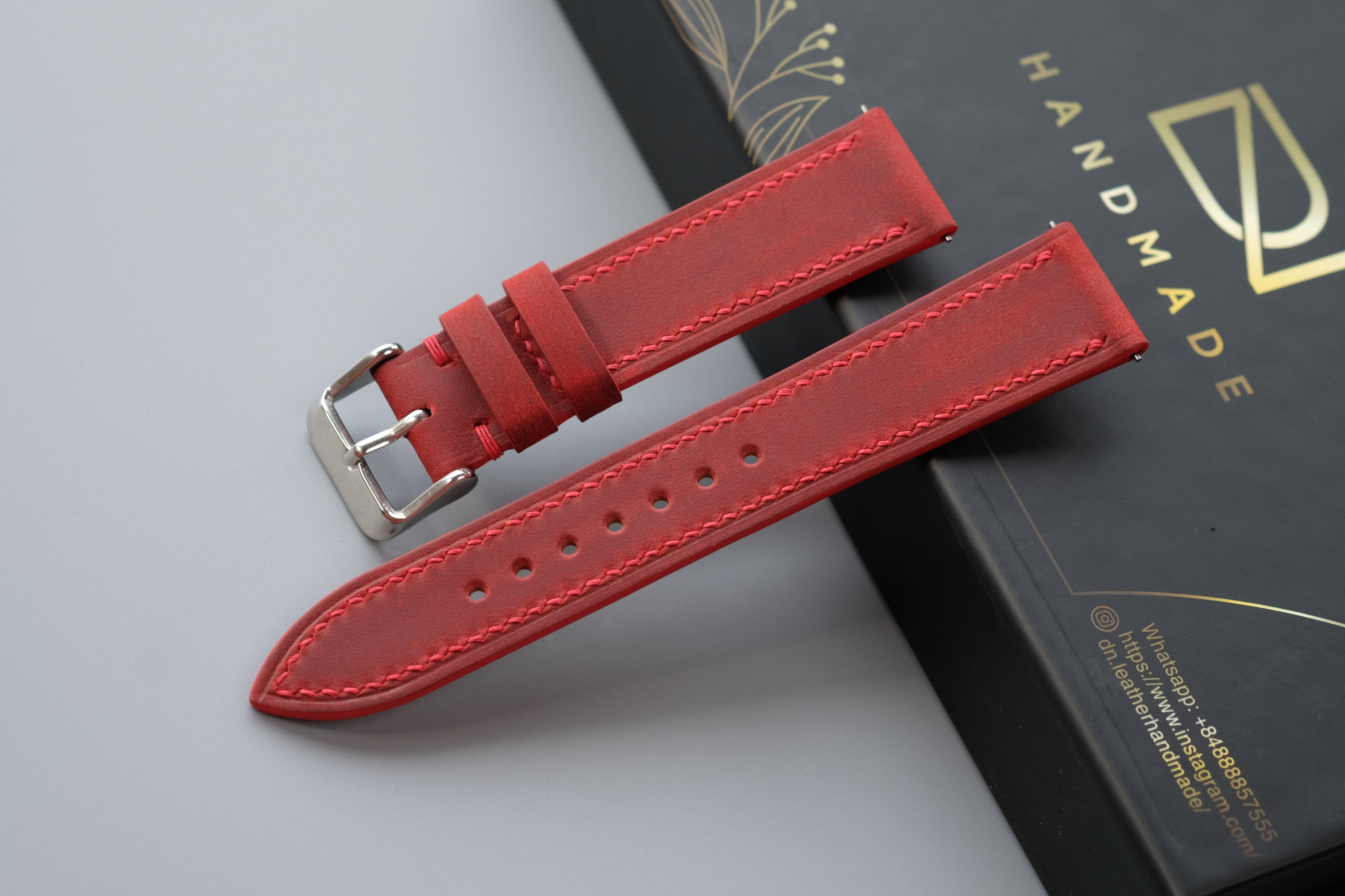 Slim RED Waxed Cowhide Leather Watch Strap – Custom Sizes 10mm to 26mm