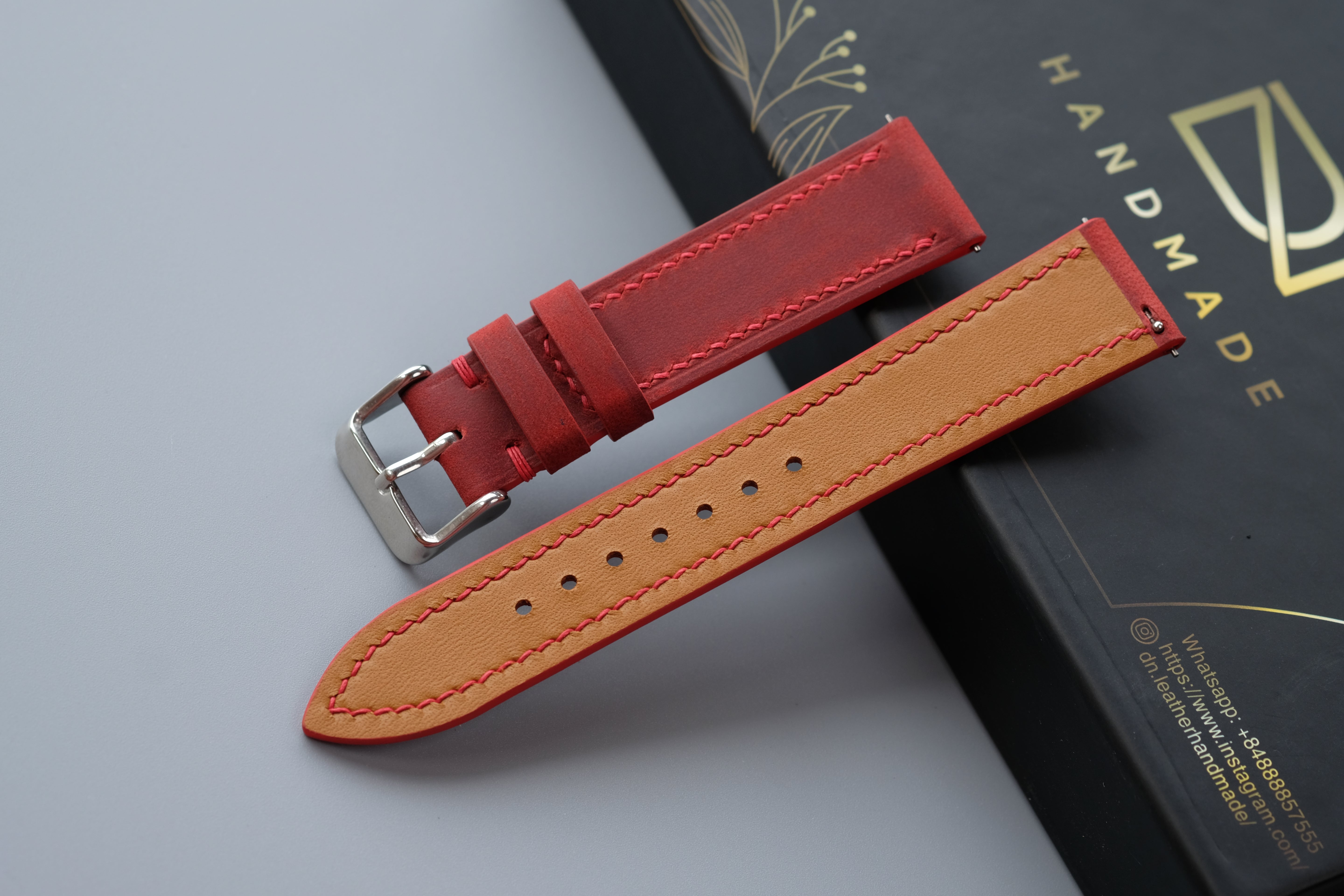 Slim RED Waxed Cowhide Leather Watch Strap – Custom Sizes 10mm to 26mm