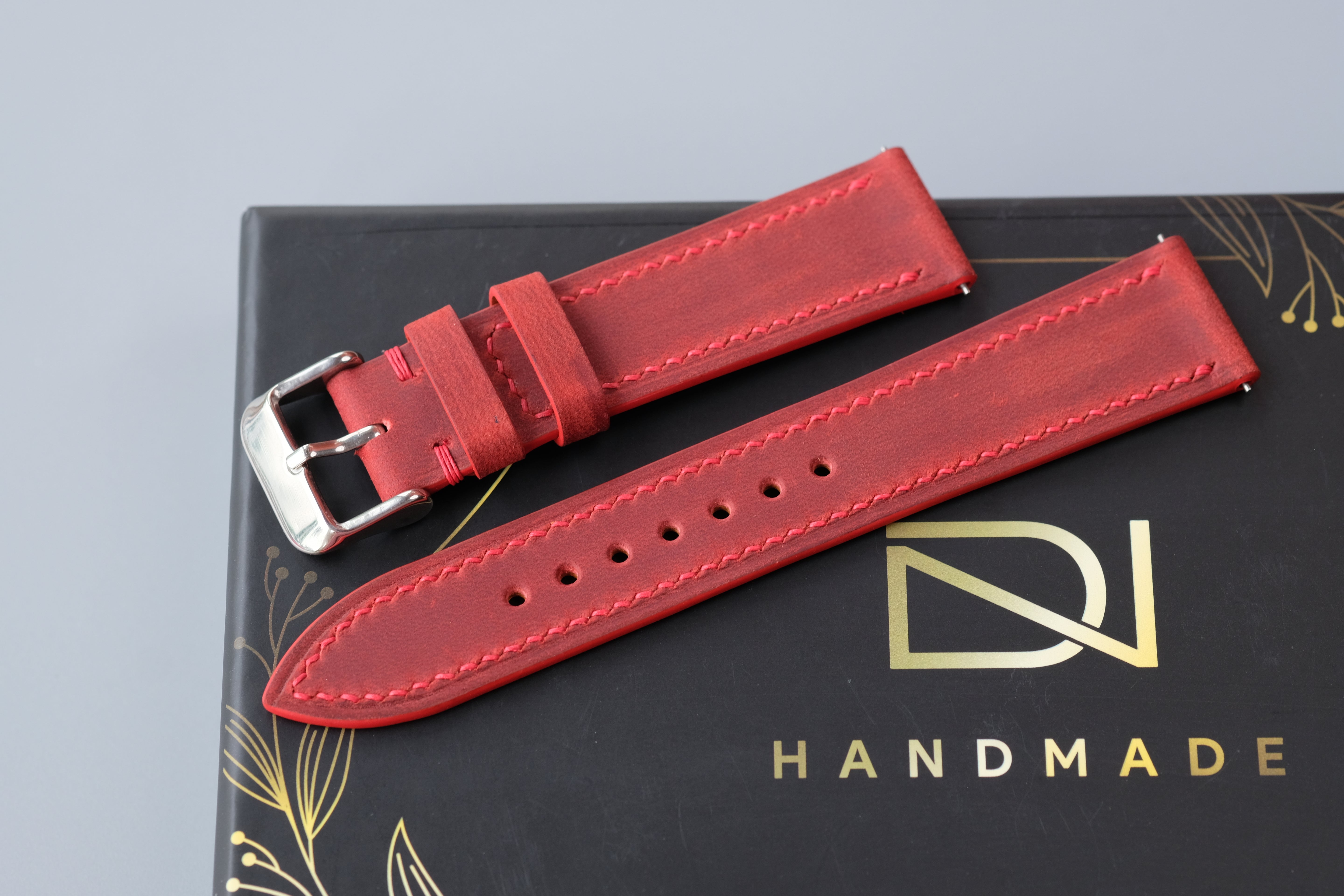 Slim RED Waxed Cowhide Leather Watch Strap – Custom Sizes 10mm to 26mm