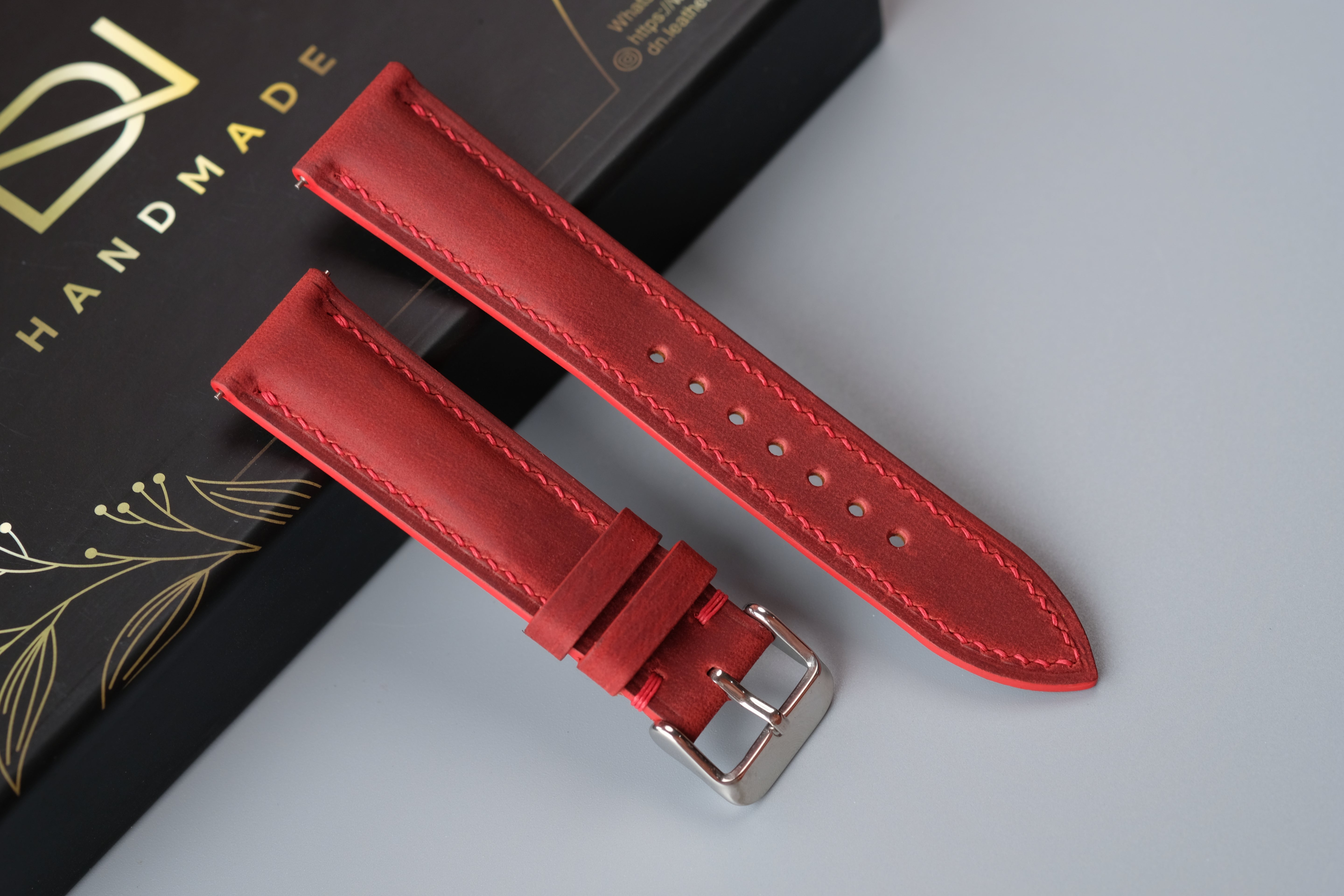 RED Waxed Cowhide Leather Watch Strap – Custom Sizes 16mm to 26mm