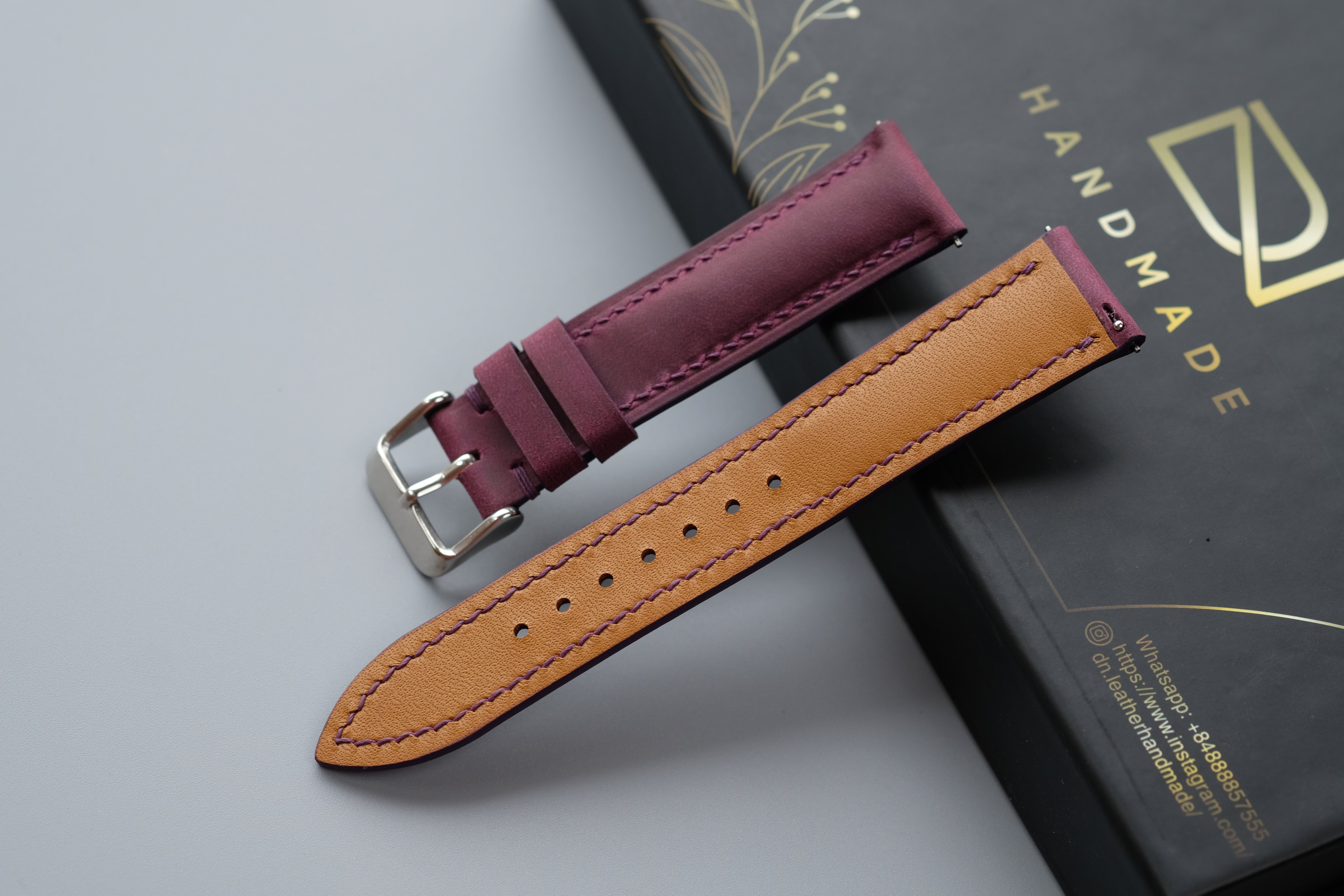 Purple Waxed Cowhide Leather Watch Strap – Custom Sizes 16mm to 26mm