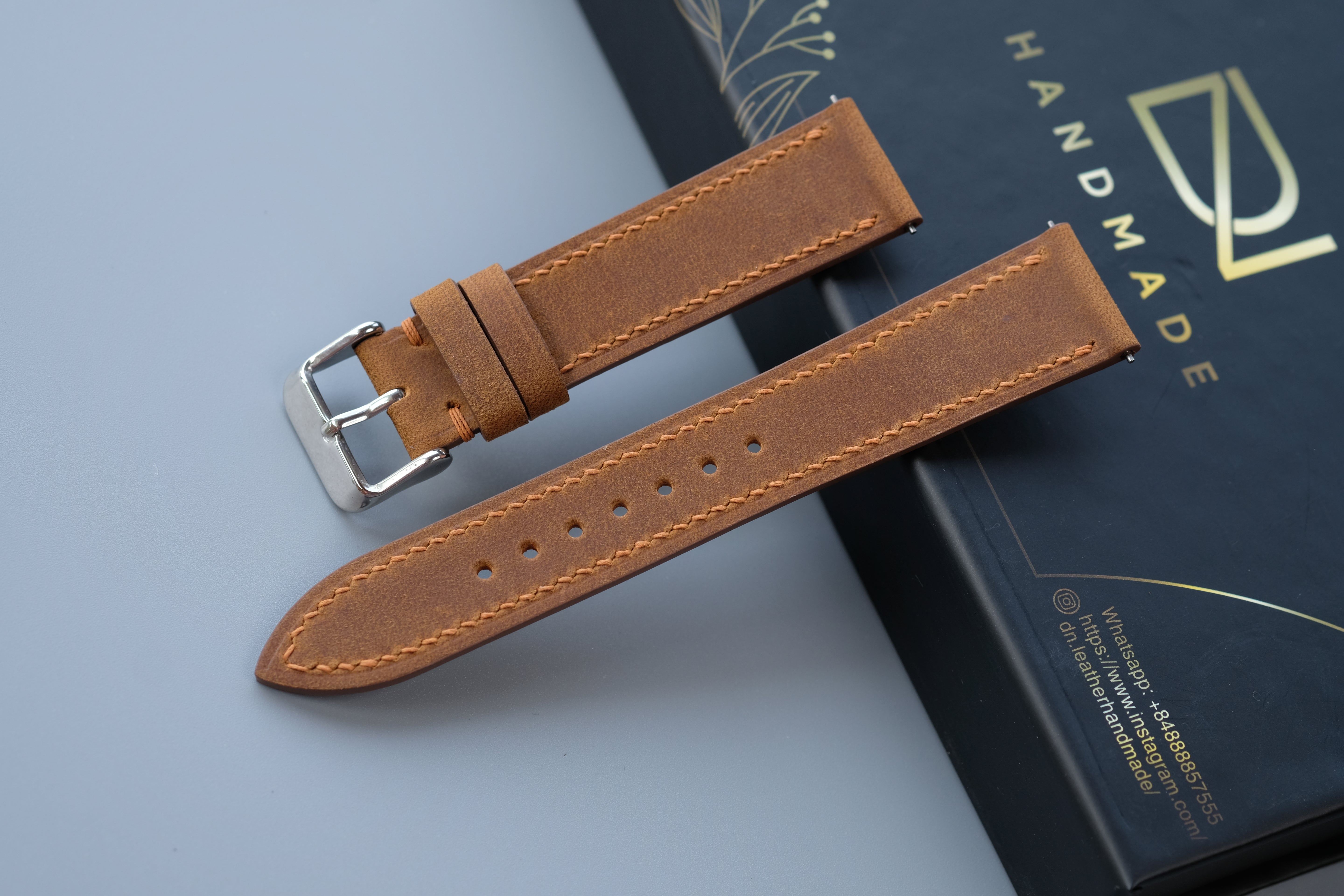 Slim Light Brown Waxed Cowhide Leather Watch Strap – Custom Sizes 10mm to 26mm