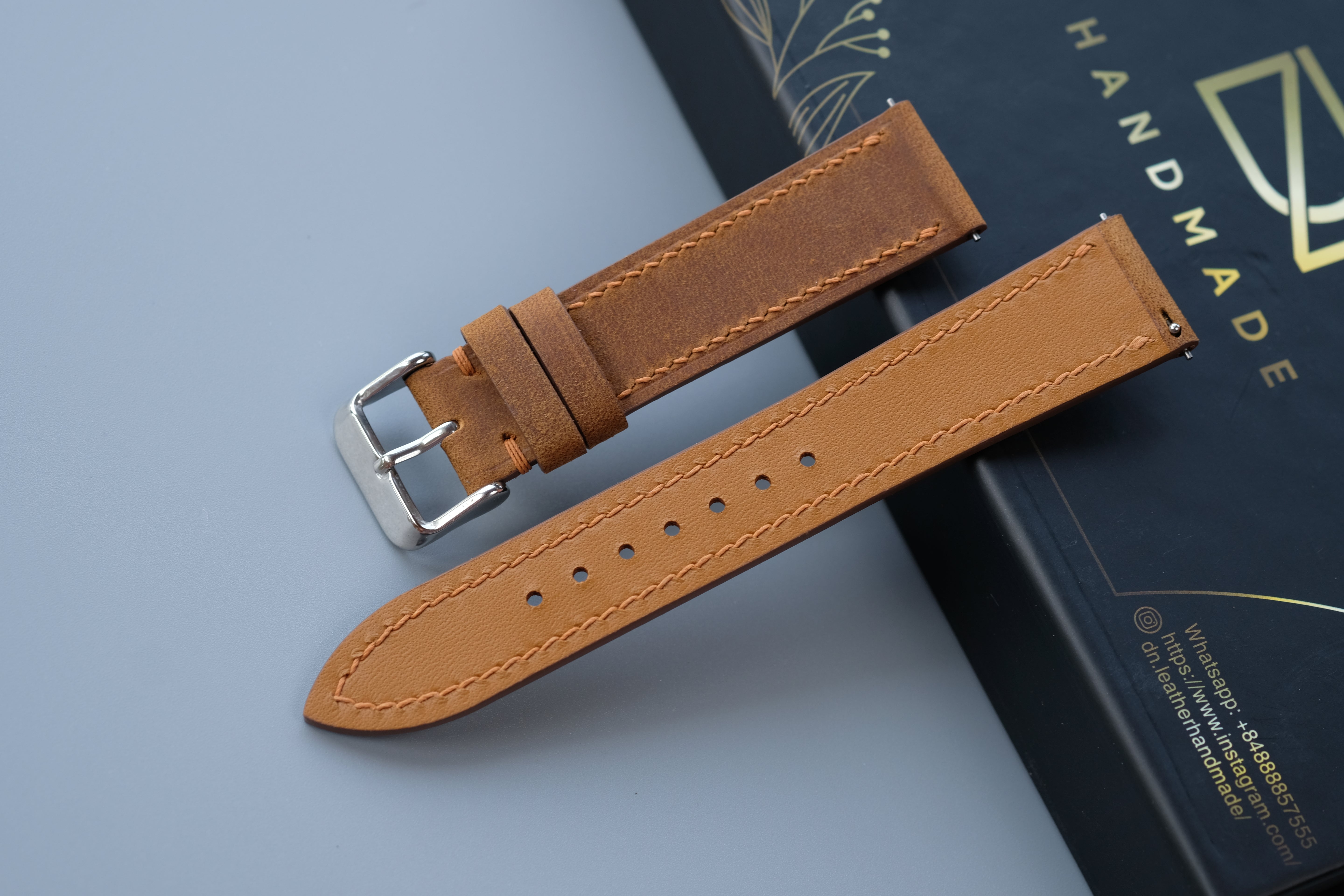 Slim Light Brown Waxed Cowhide Leather Watch Strap – Custom Sizes 10mm to 26mm