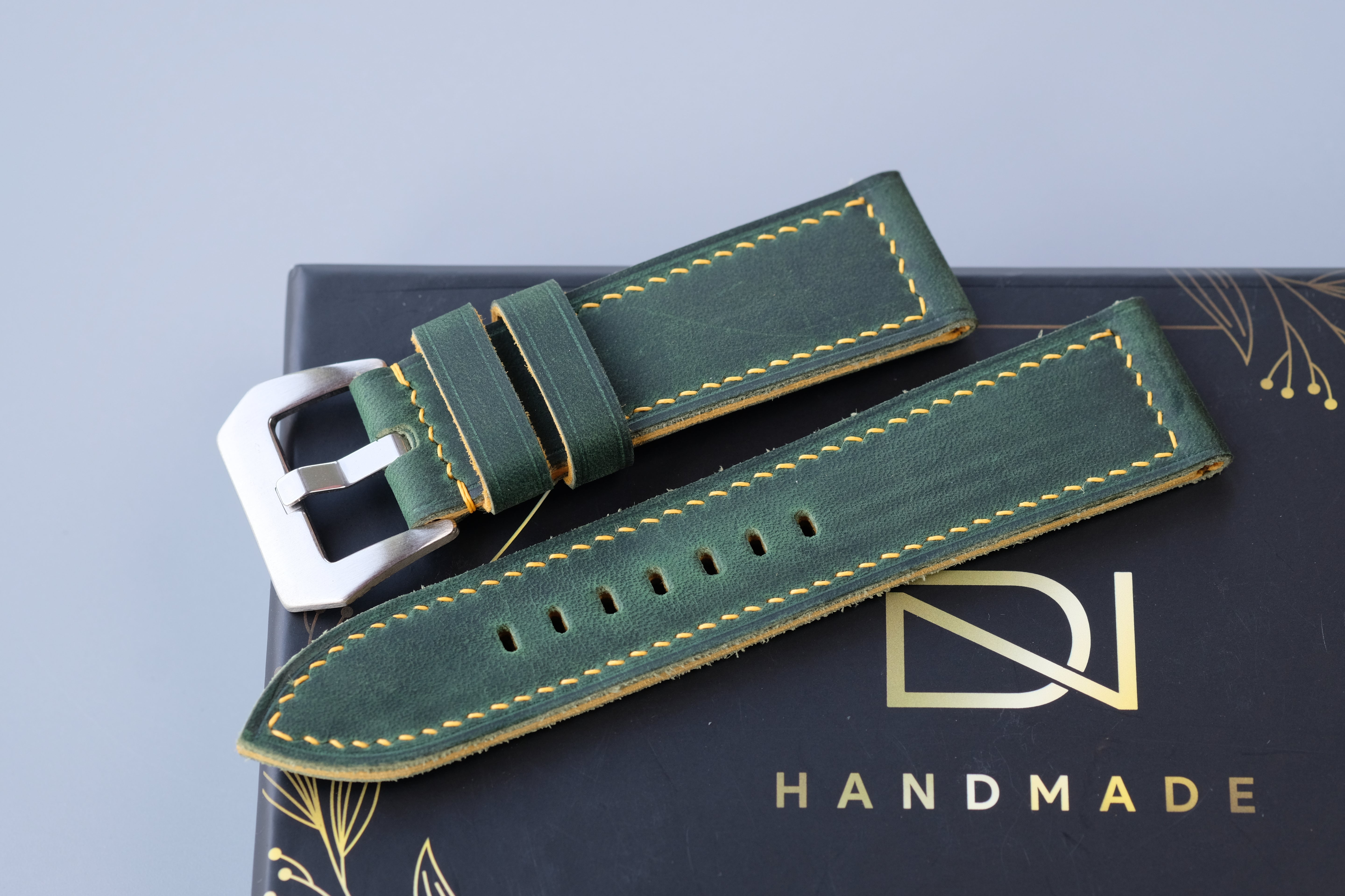 Green Waxed Cowhide Leather Watch Strap – Handmade – Compatible with Panerai Watches
