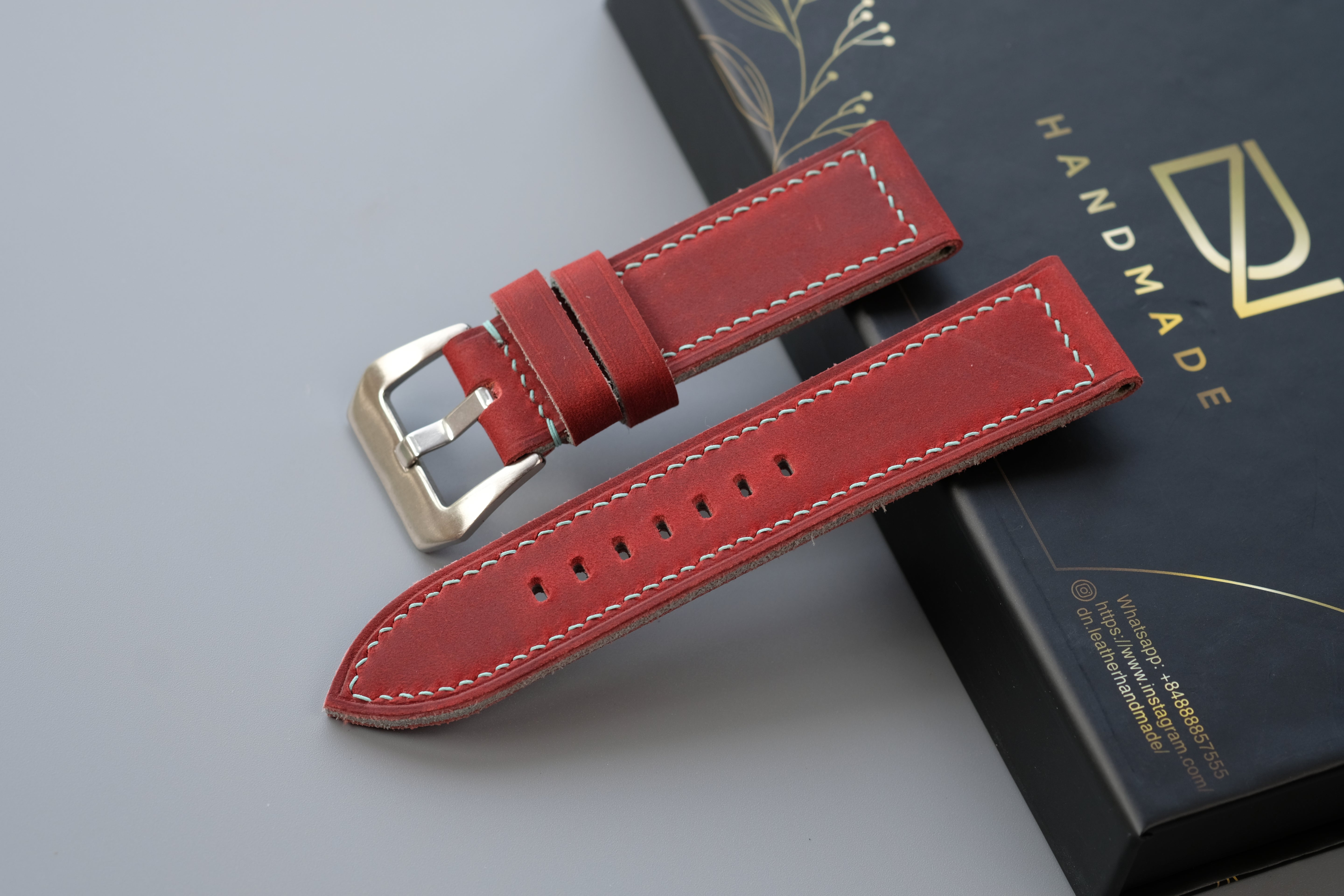 RED Waxed Cowhide Leather Watch Strap – Handmade – Compatible with Panerai Watches