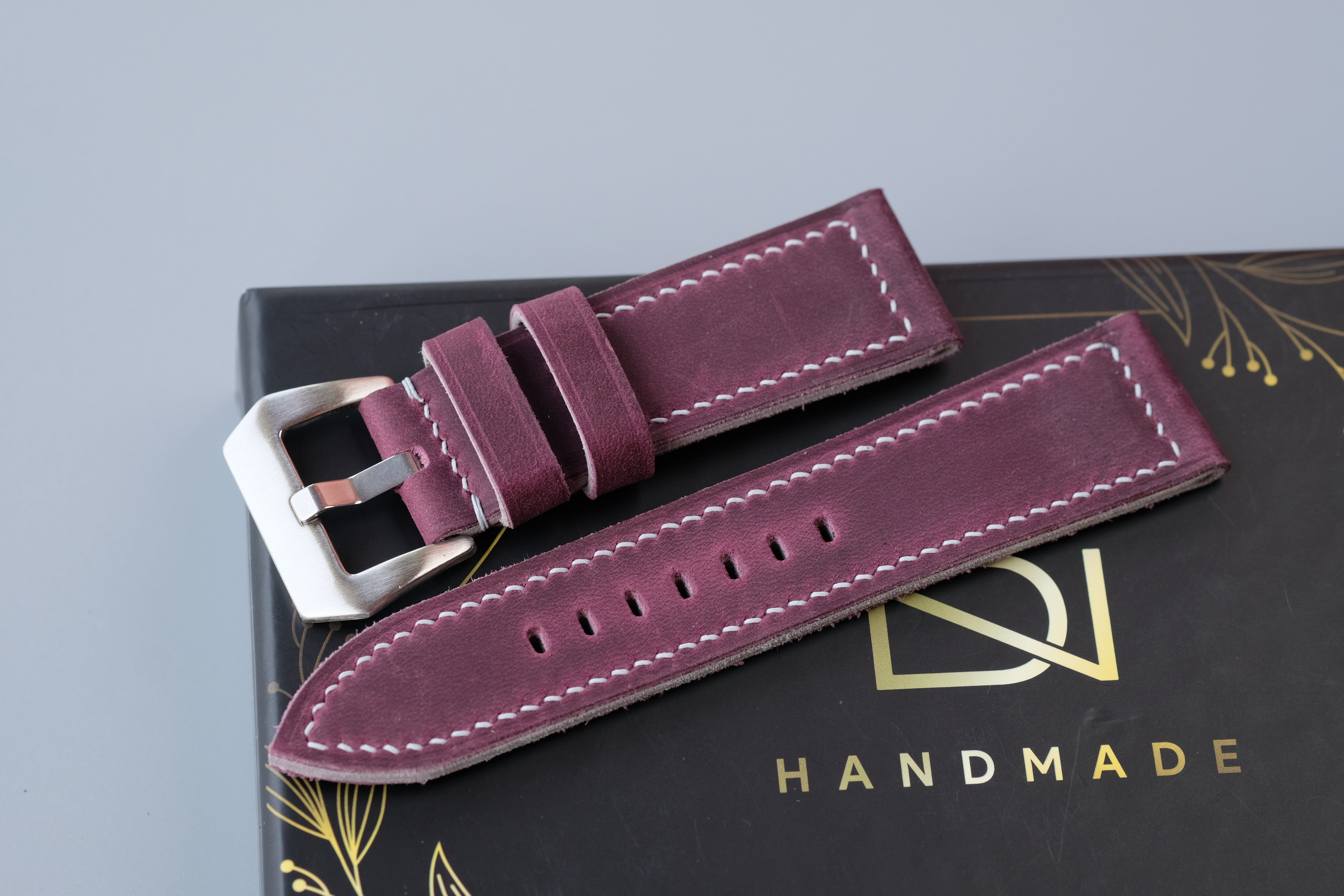 Purple Waxed Cowhide Leather Watch Strap – Handmade – Compatible with Panerai Watches