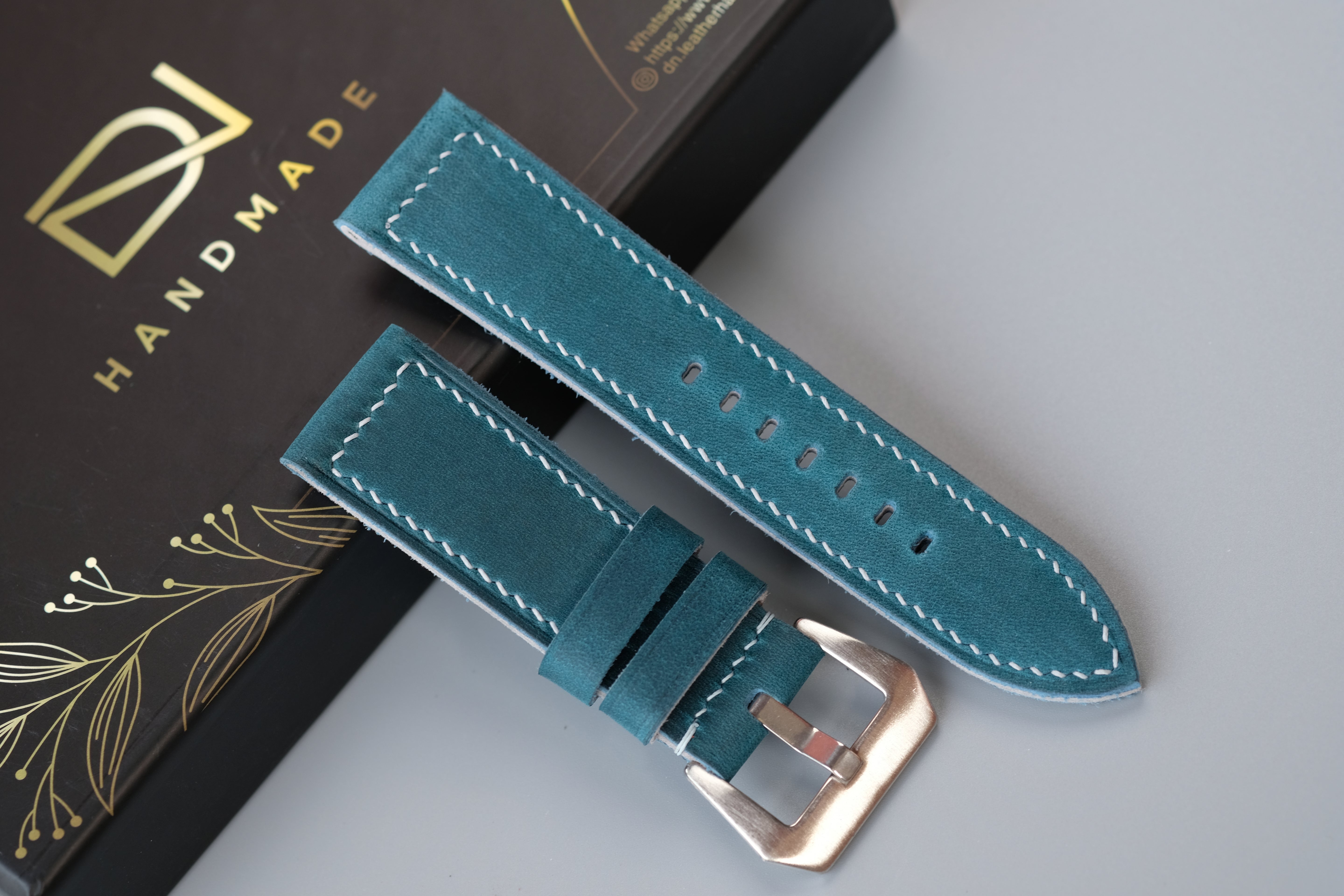 Dark Turquoise Waxed Cowhide Leather Watch Strap – Handmade – Compatible with Panerai Watches