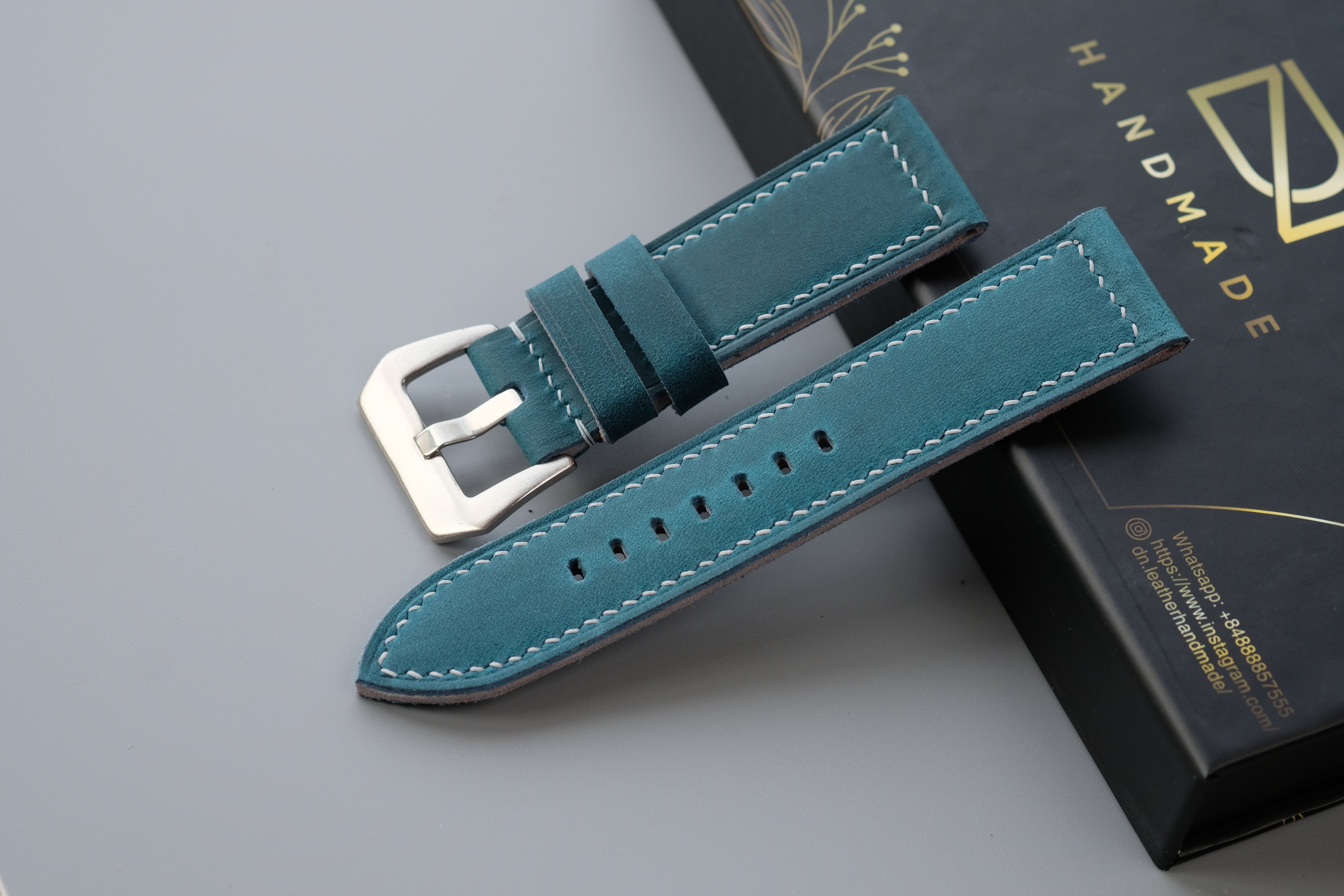 Dark Turquoise Waxed Cowhide Leather Watch Strap – Handmade – Compatible with Panerai Watches