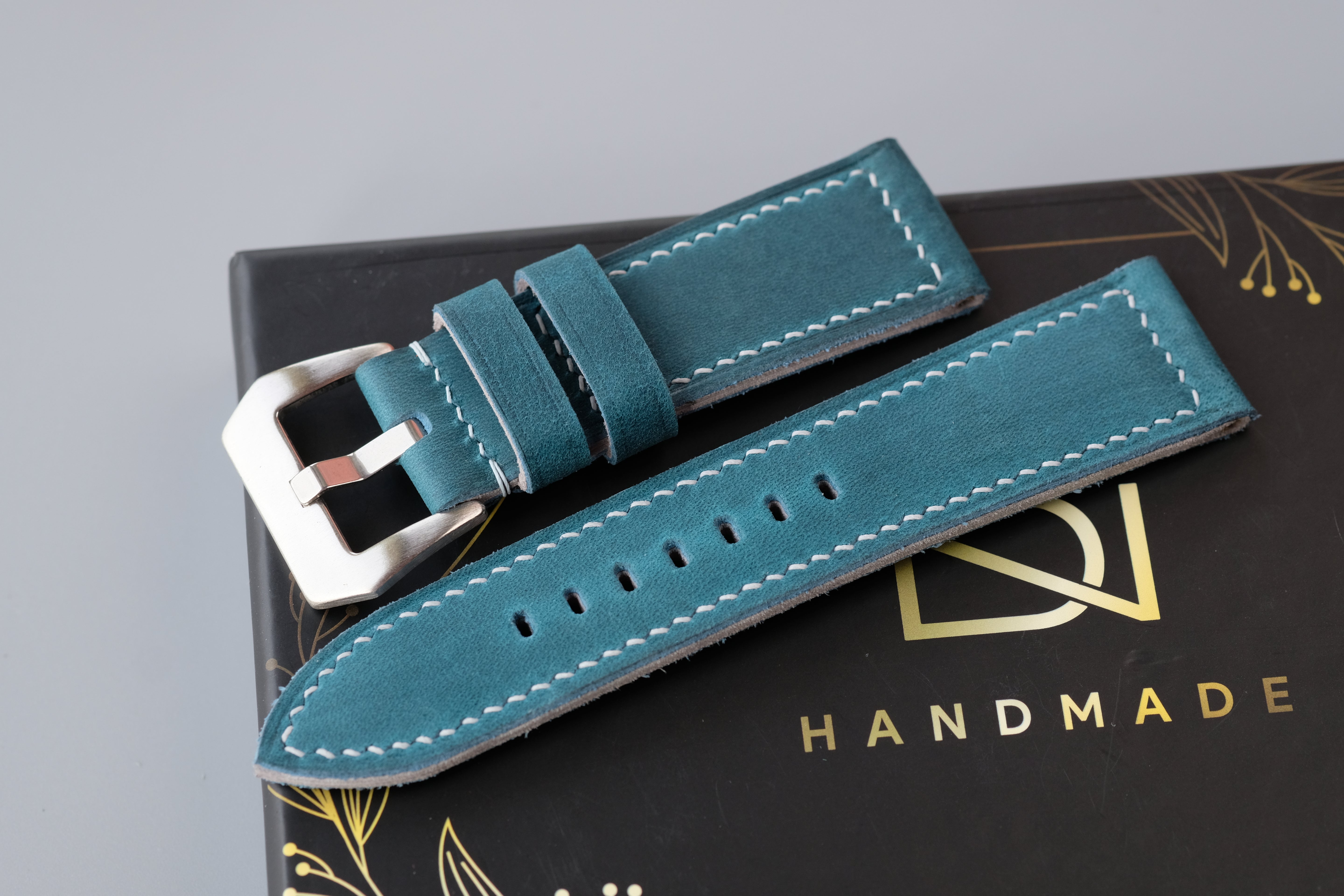Dark Turquoise Waxed Cowhide Leather Watch Strap – Handmade – Compatible with Panerai Watches