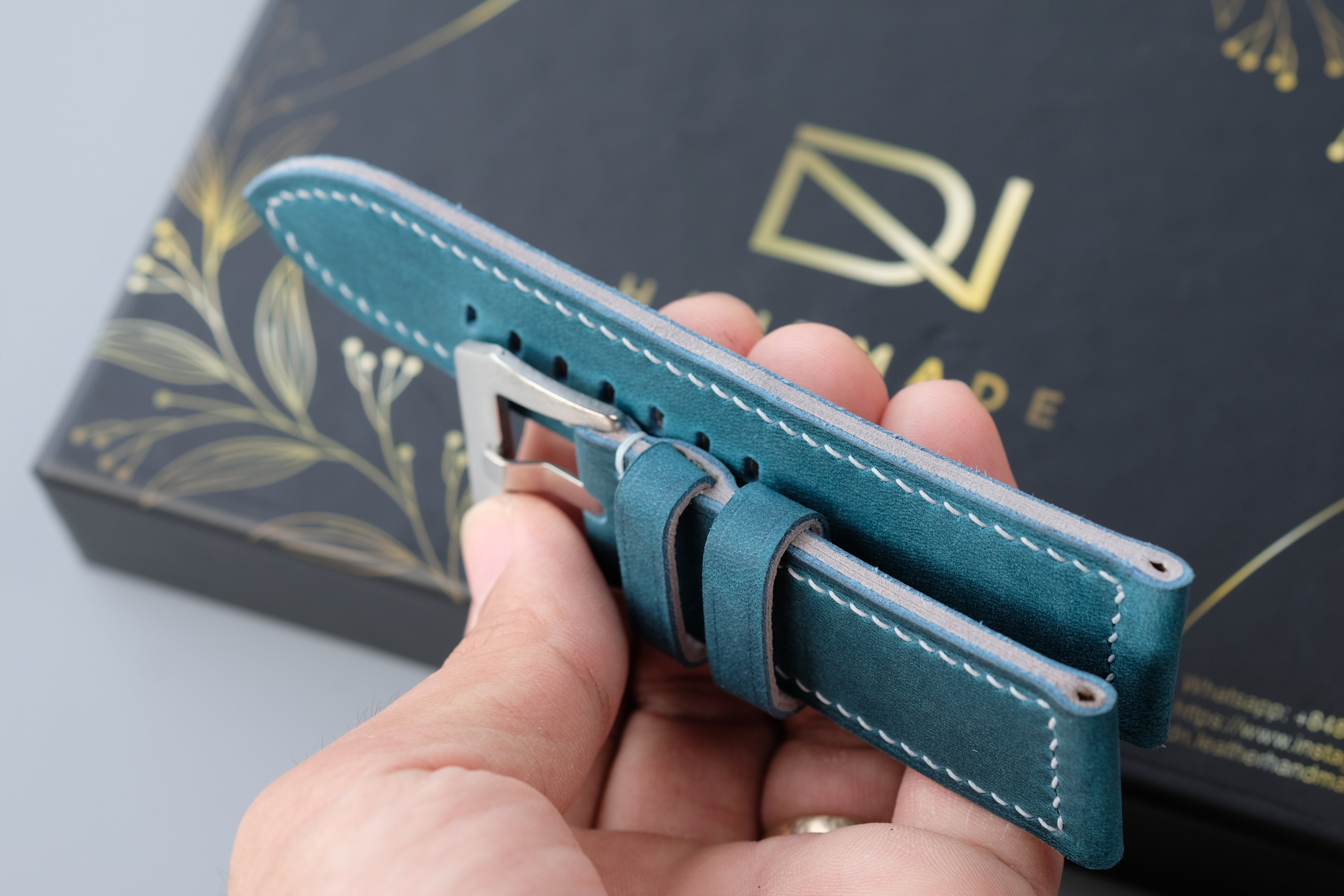 Dark Turquoise Waxed Cowhide Leather Watch Strap – Handmade – Compatible with Panerai Watches
