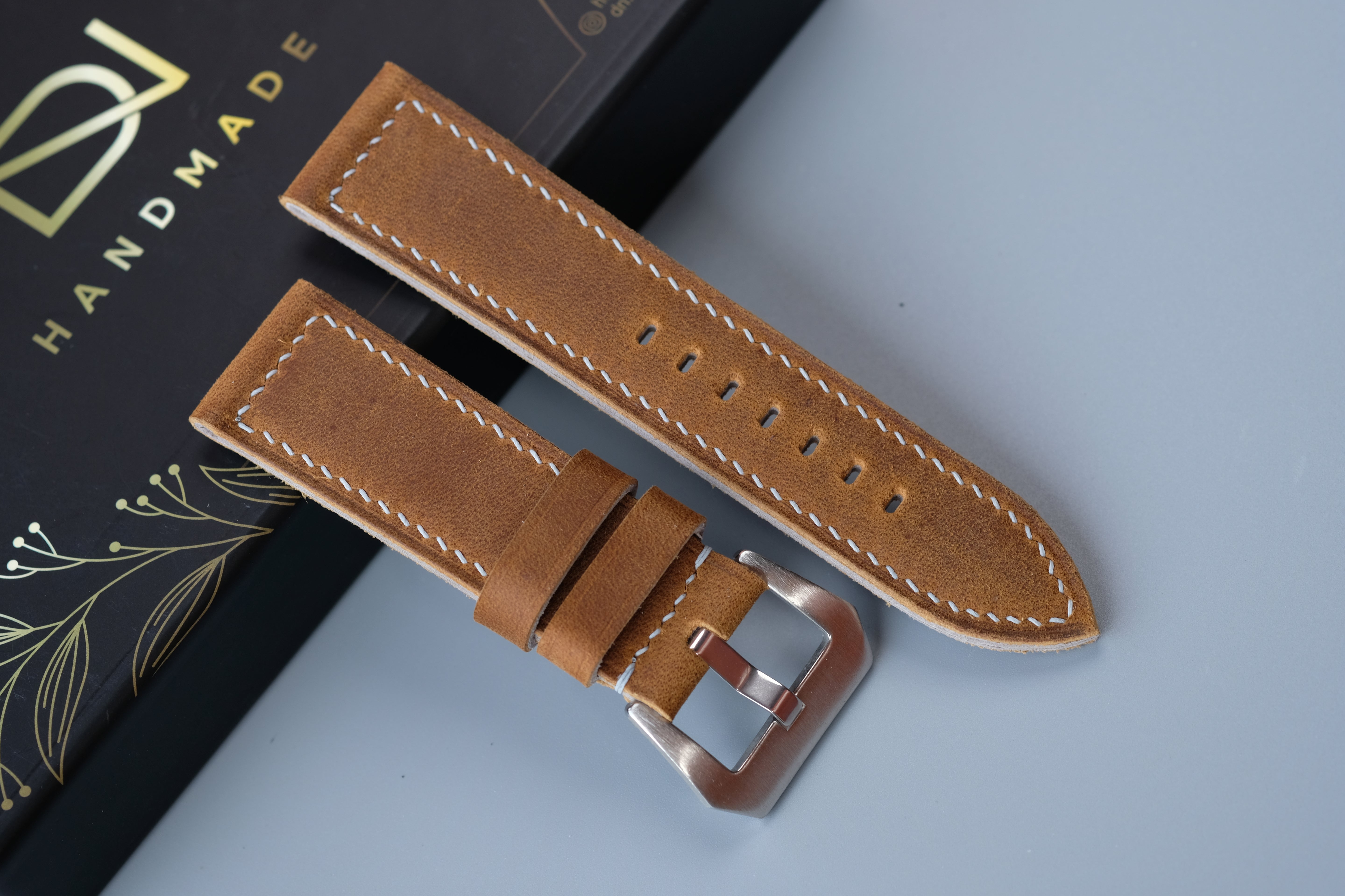 Light Brown Waxed Cowhide Leather Watch Strap – Handmade – Compatible with Panerai Watches