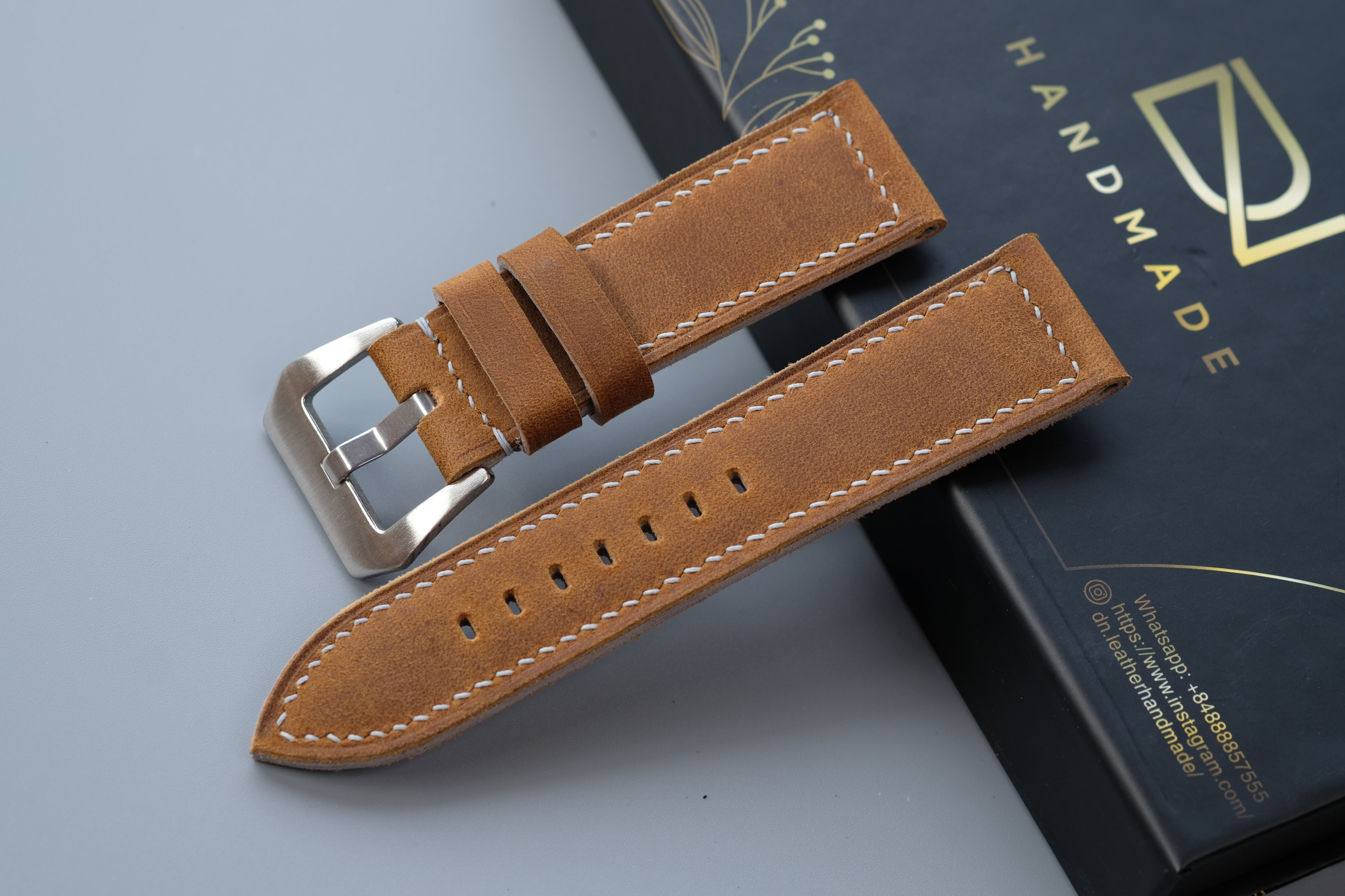 Light Brown Waxed Cowhide Leather Watch Strap – Handmade – Compatible with Panerai Watches