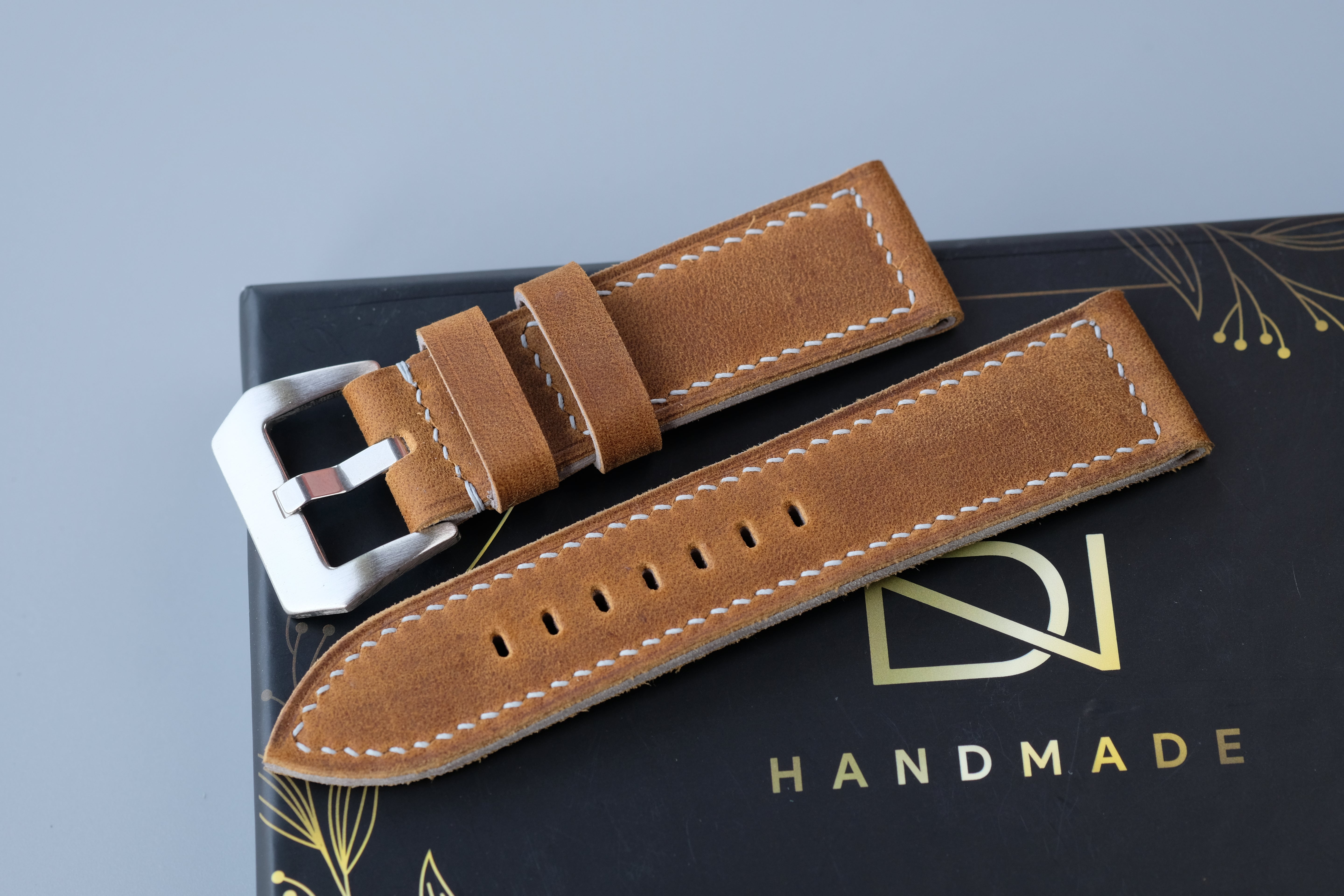 Light Brown Waxed Cowhide Leather Watch Strap – Handmade – Compatible with Panerai Watches
