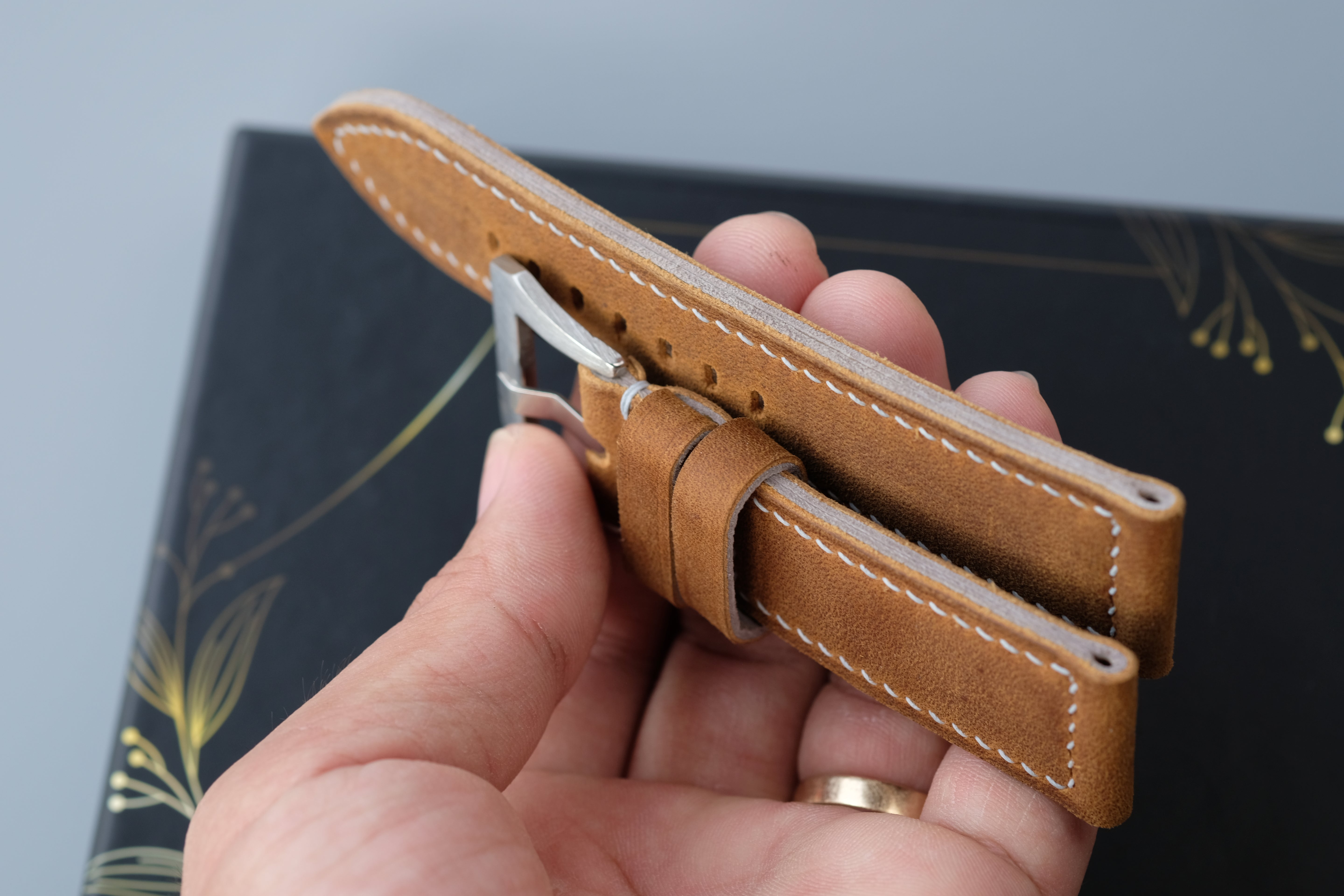 Light Brown Waxed Cowhide Leather Watch Strap – Handmade – Compatible with Panerai Watches