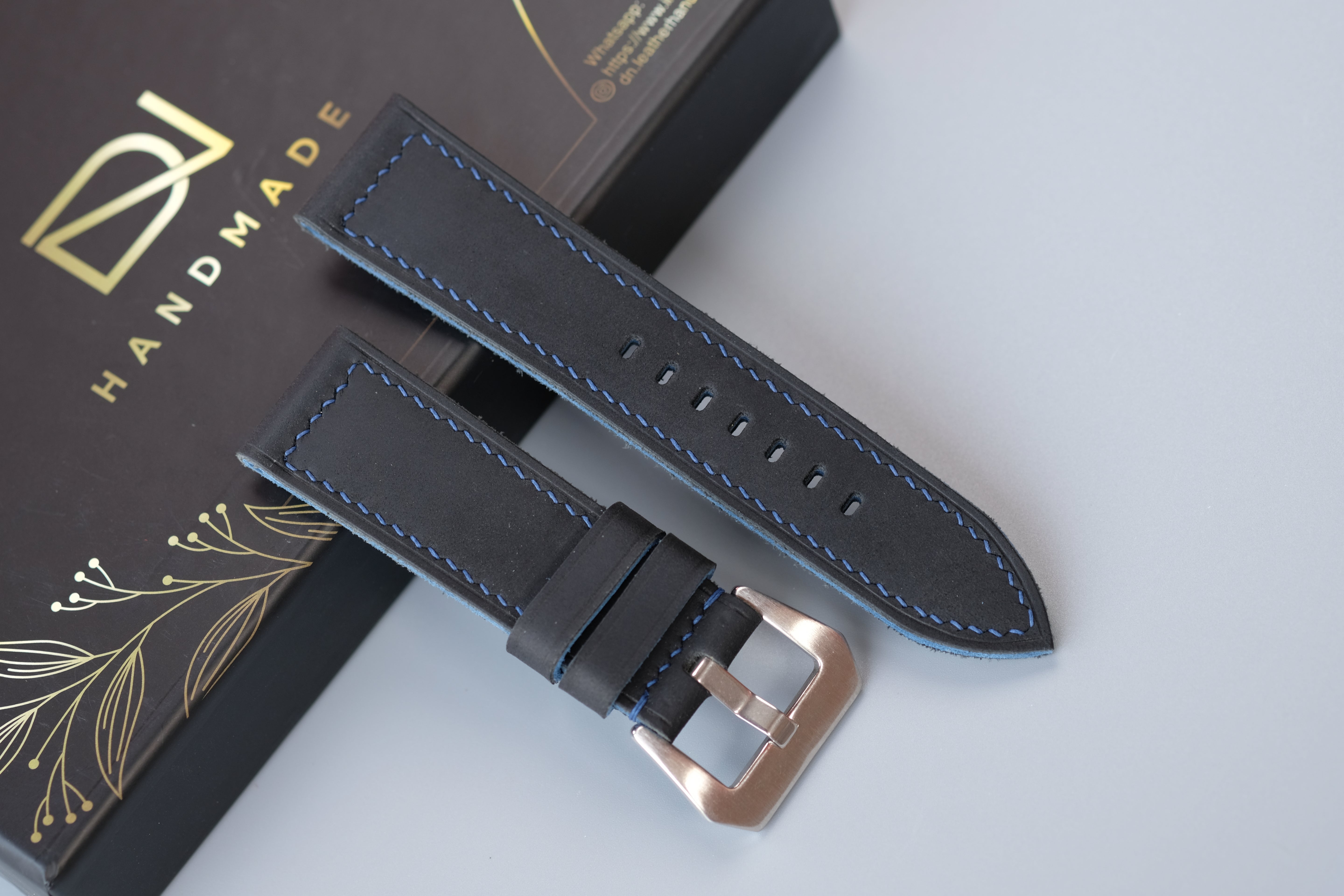 Black Waxed Cowhide Leather Watch Strap – Handmade – Compatible with Panerai Watches