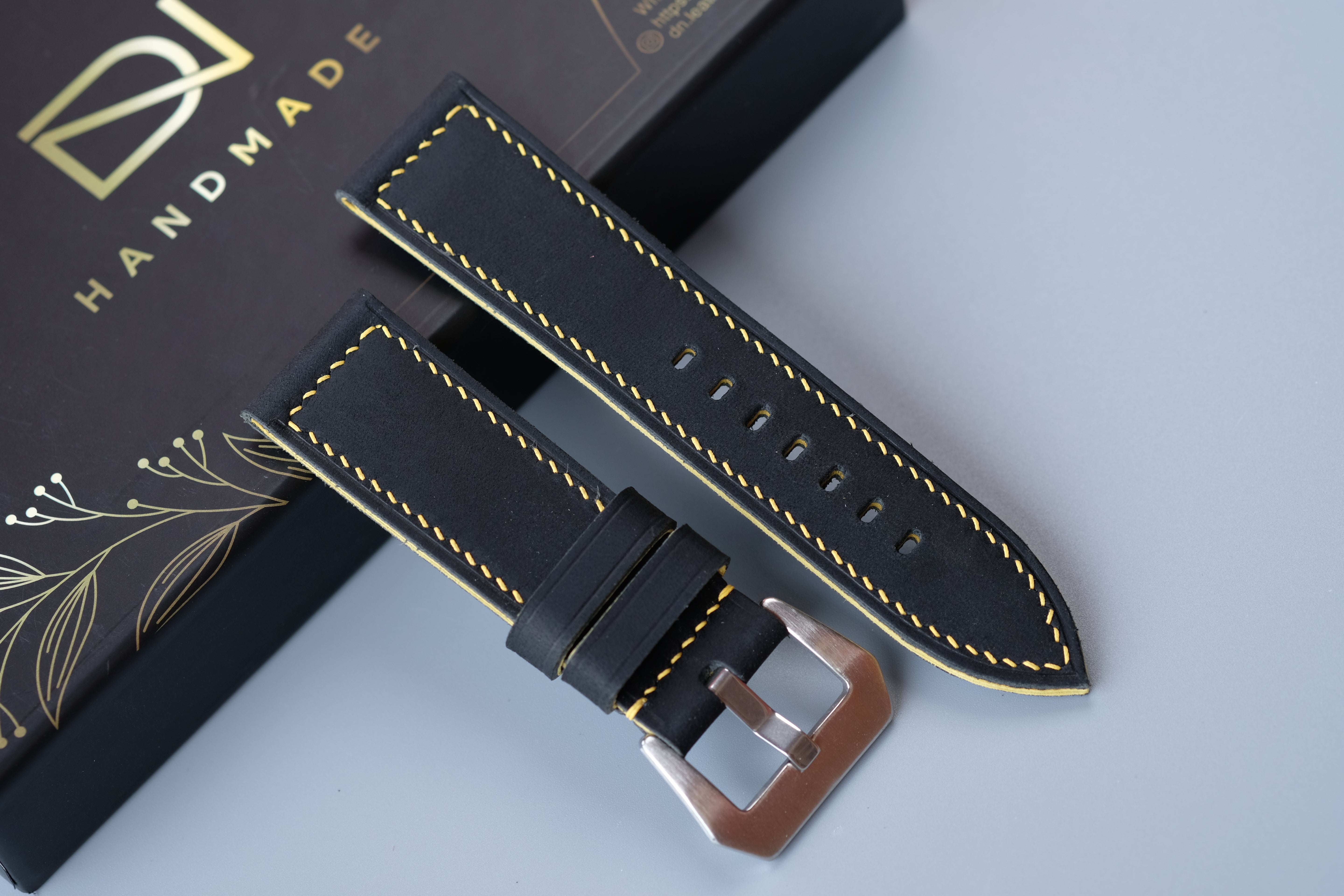 Black Waxed Cowhide Leather Watch Strap – Handmade – Compatible with Panerai Watches