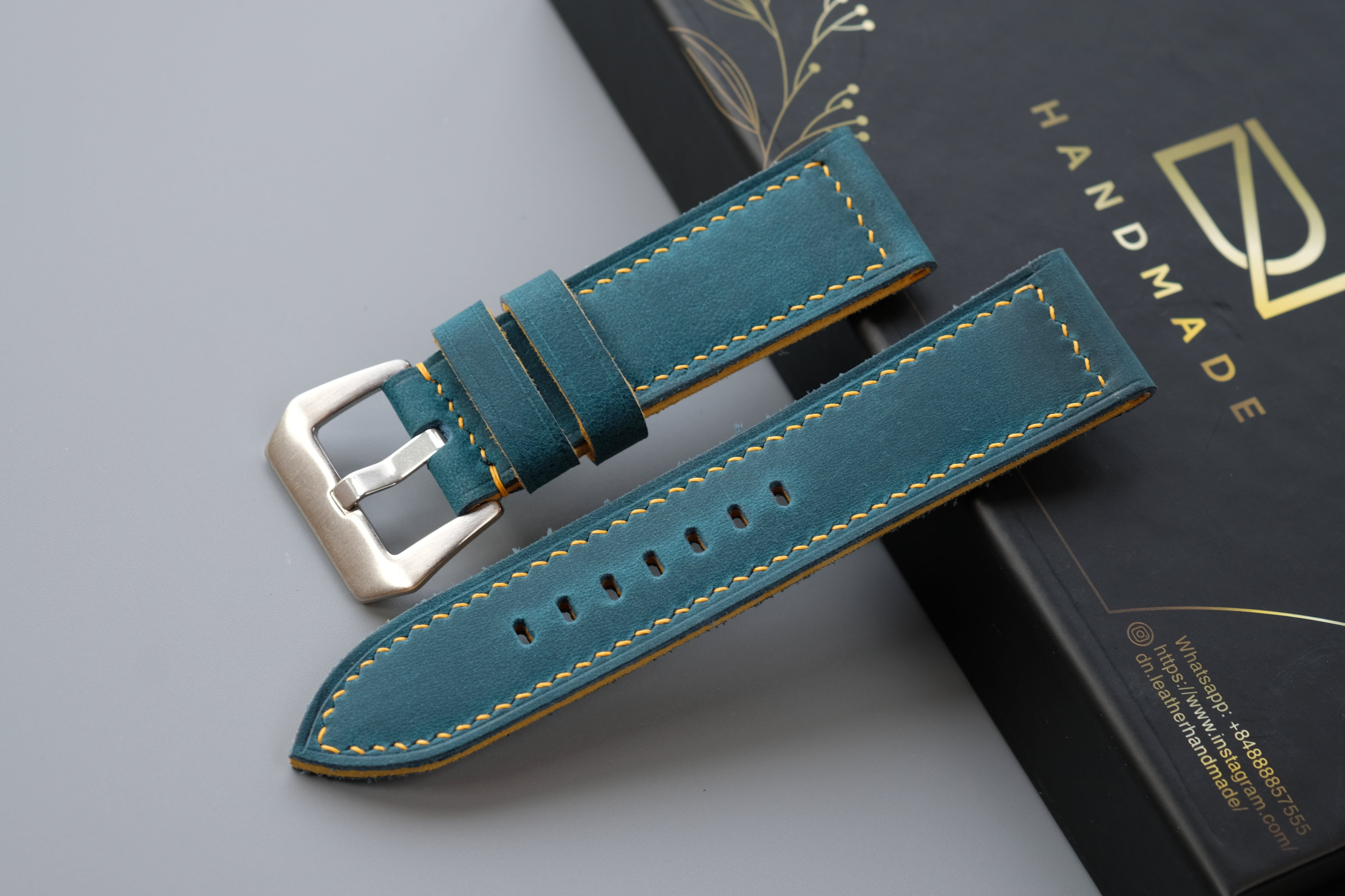 Dark Turquoise Waxed Cowhide Leather Watch Strap – Handmade – Compatible with Panerai Watches