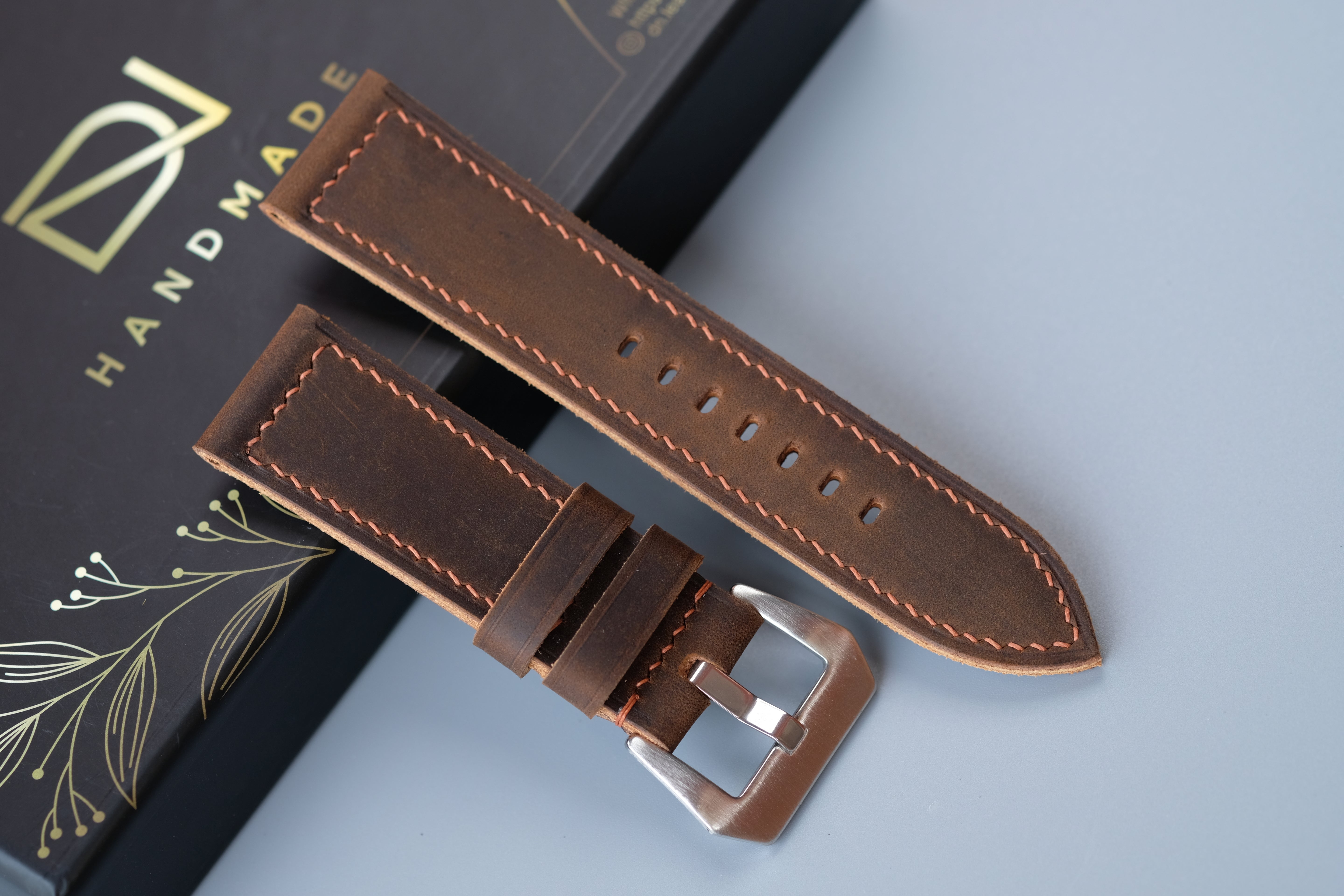 Brown Waxed Cowhide Leather Watch Strap – Handmade – Compatible with Panerai Watches