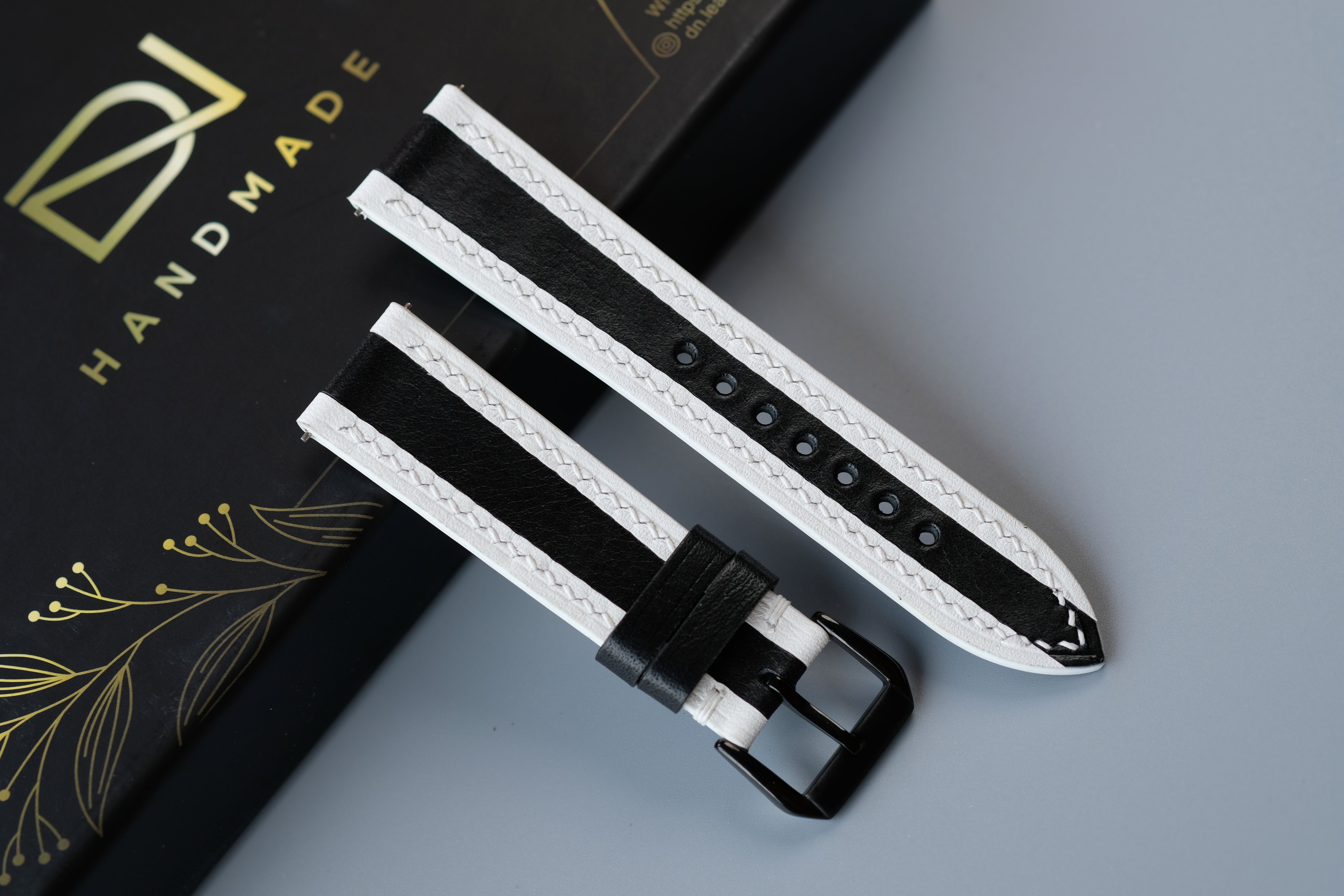 Black Mixed White Calf Leather Watch Strap