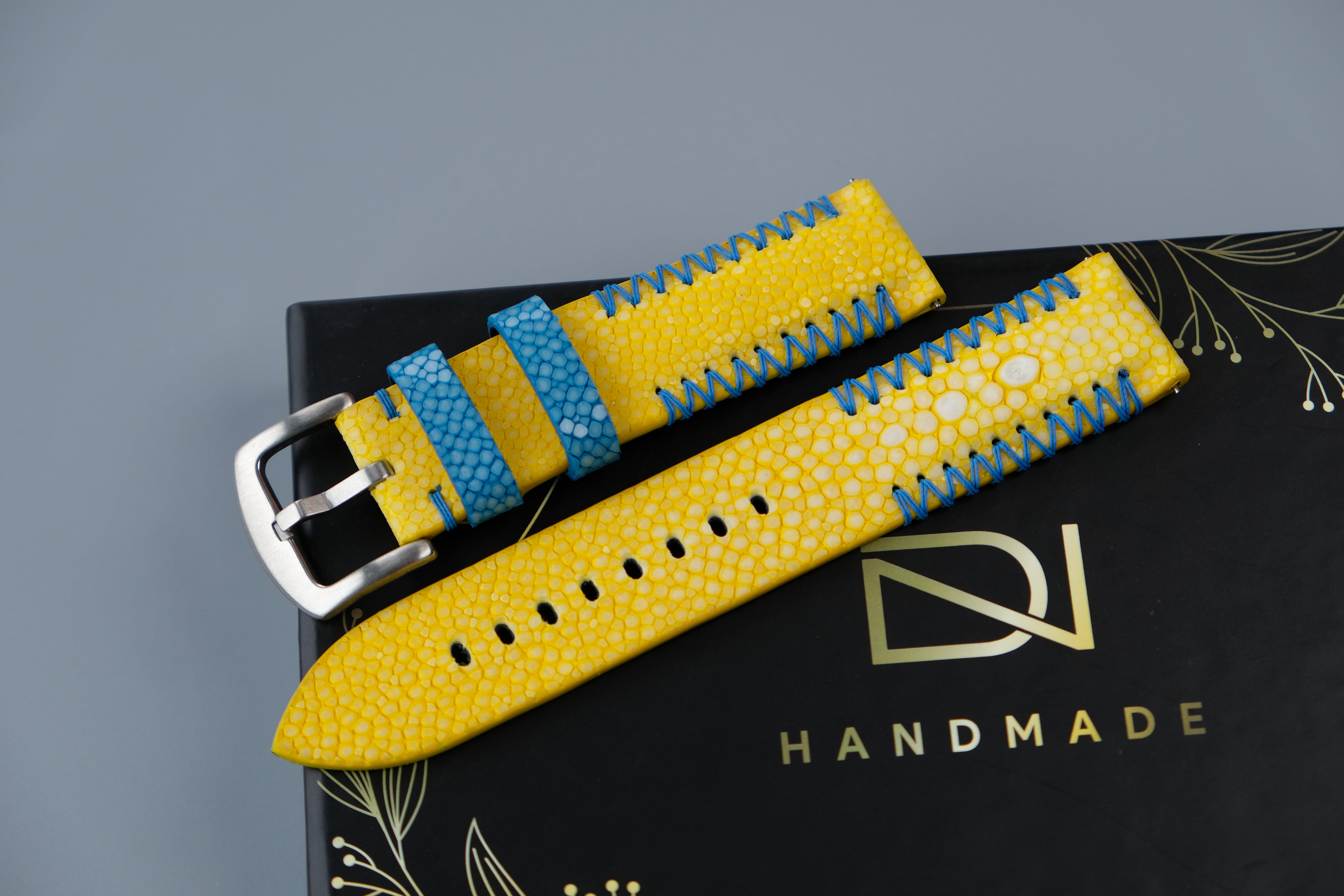 Yellow Stingray Leather Watch Strap 1 Pearl In The Center