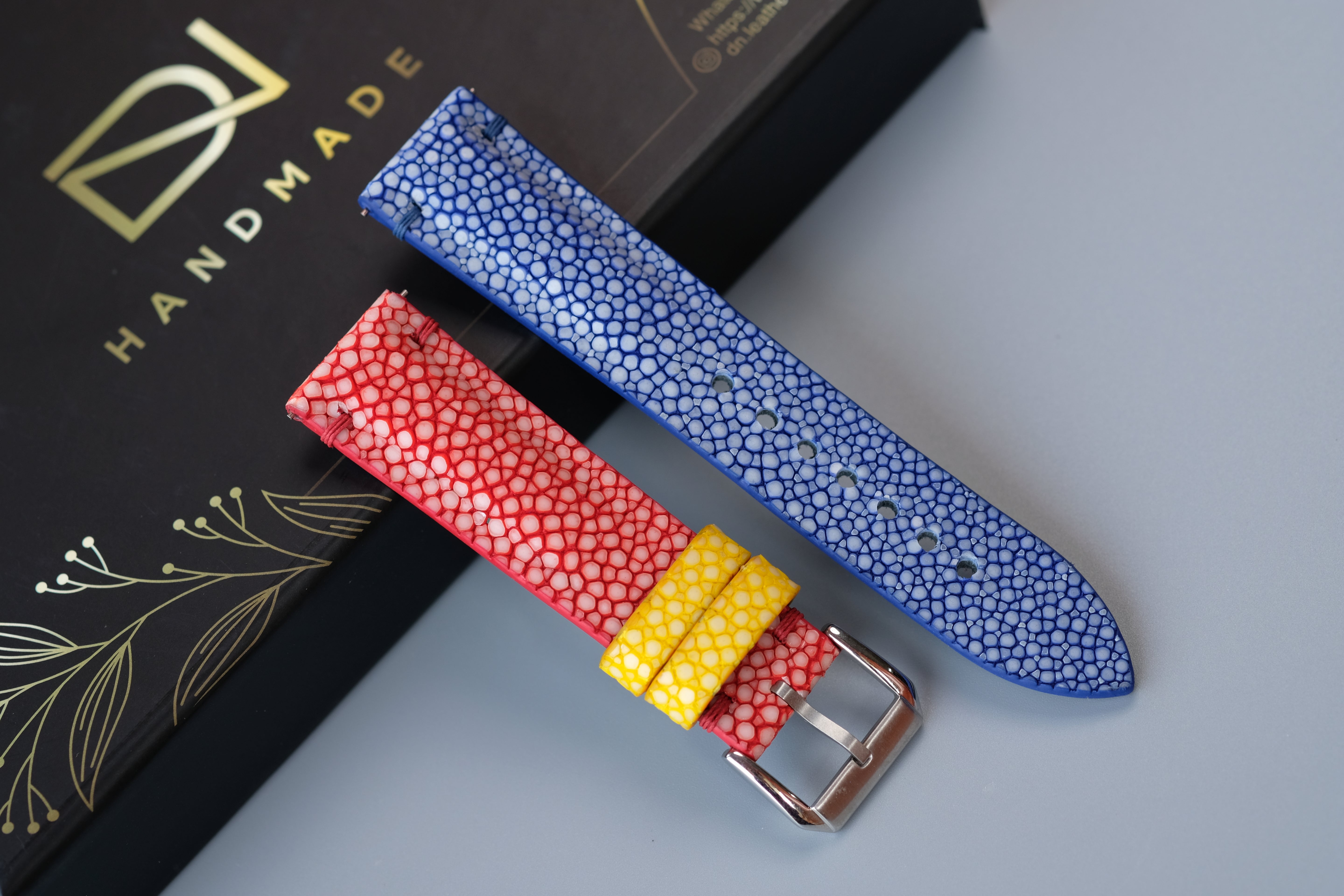 Blue and Red Stingray Leather Watch Strap