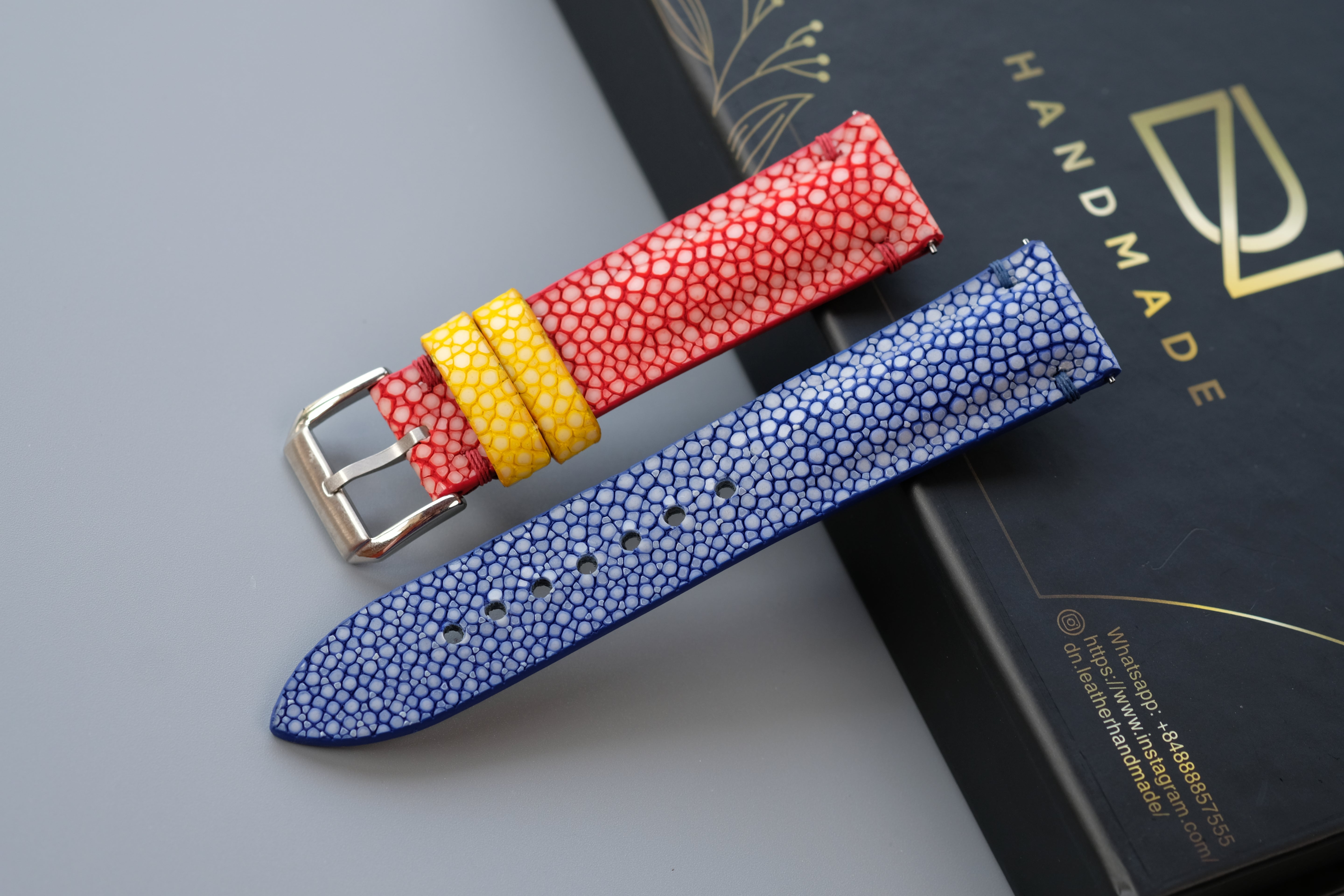 Blue and Red Stingray Leather Watch Strap