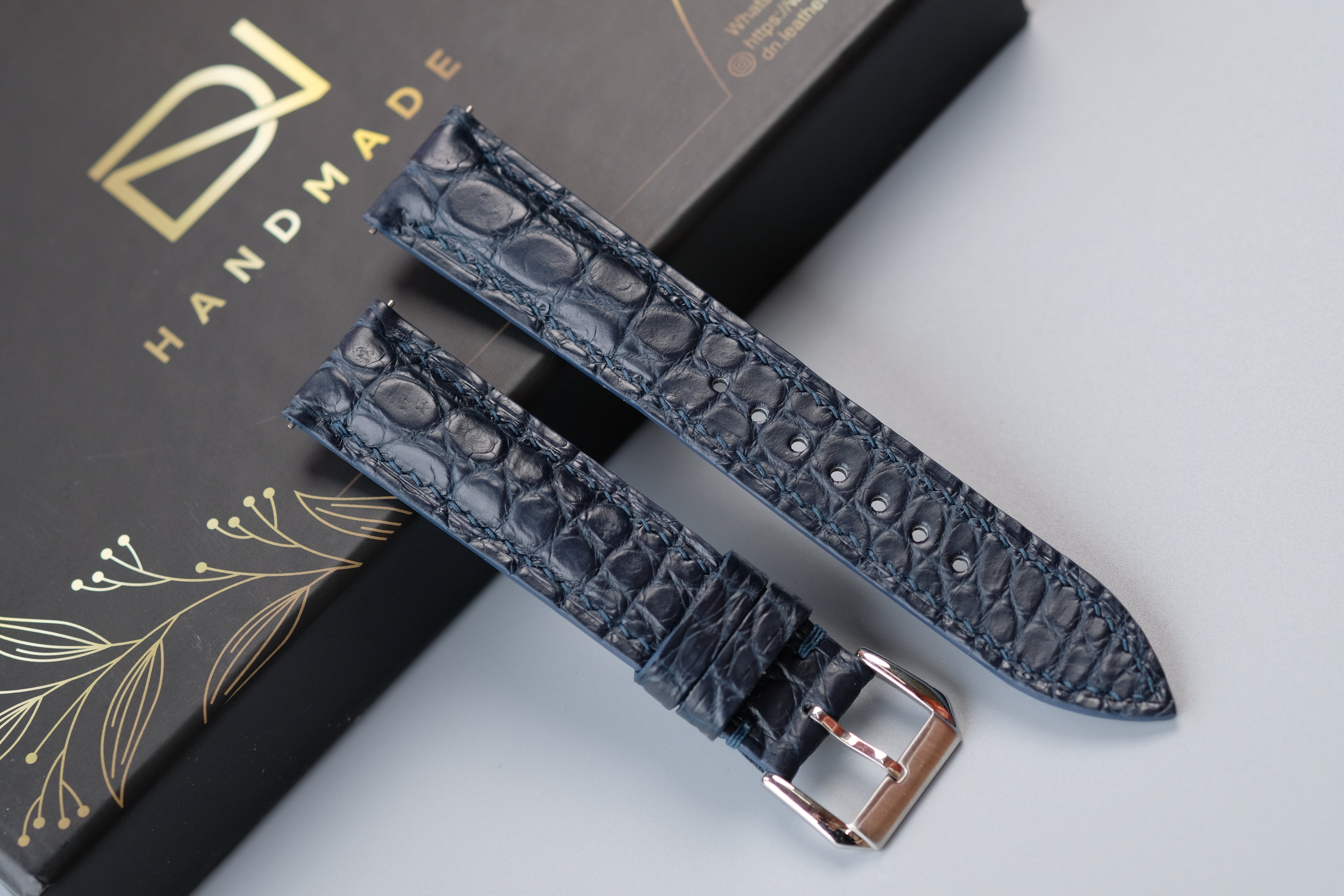 Dark Navy Crocodile Leather Watch Strap – Custom Sizes 10mm to 26mm