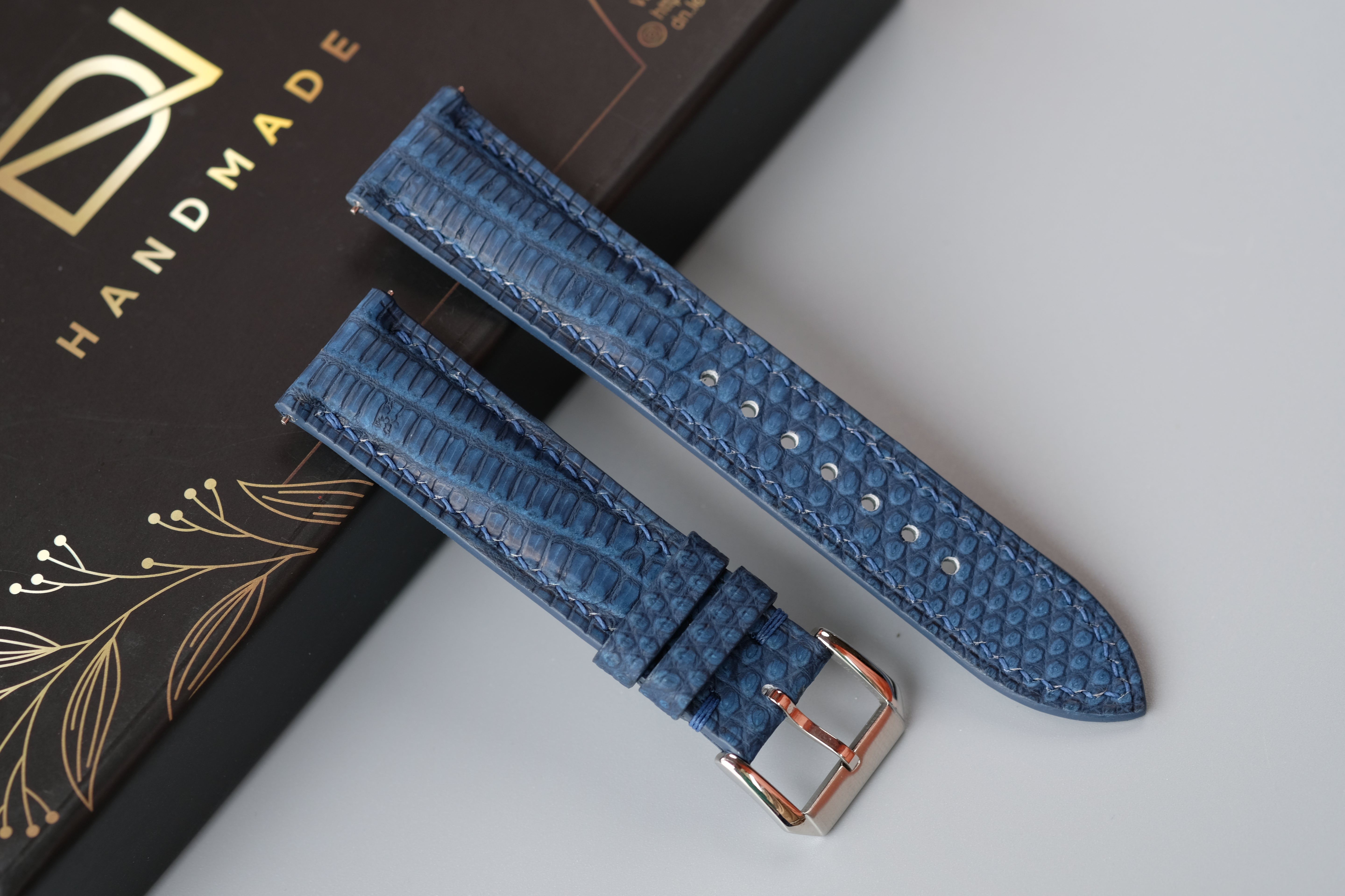 Navy Blue Nubuck Lizard Leather Watch Strap – Custom Sizes 10mm to 26mm