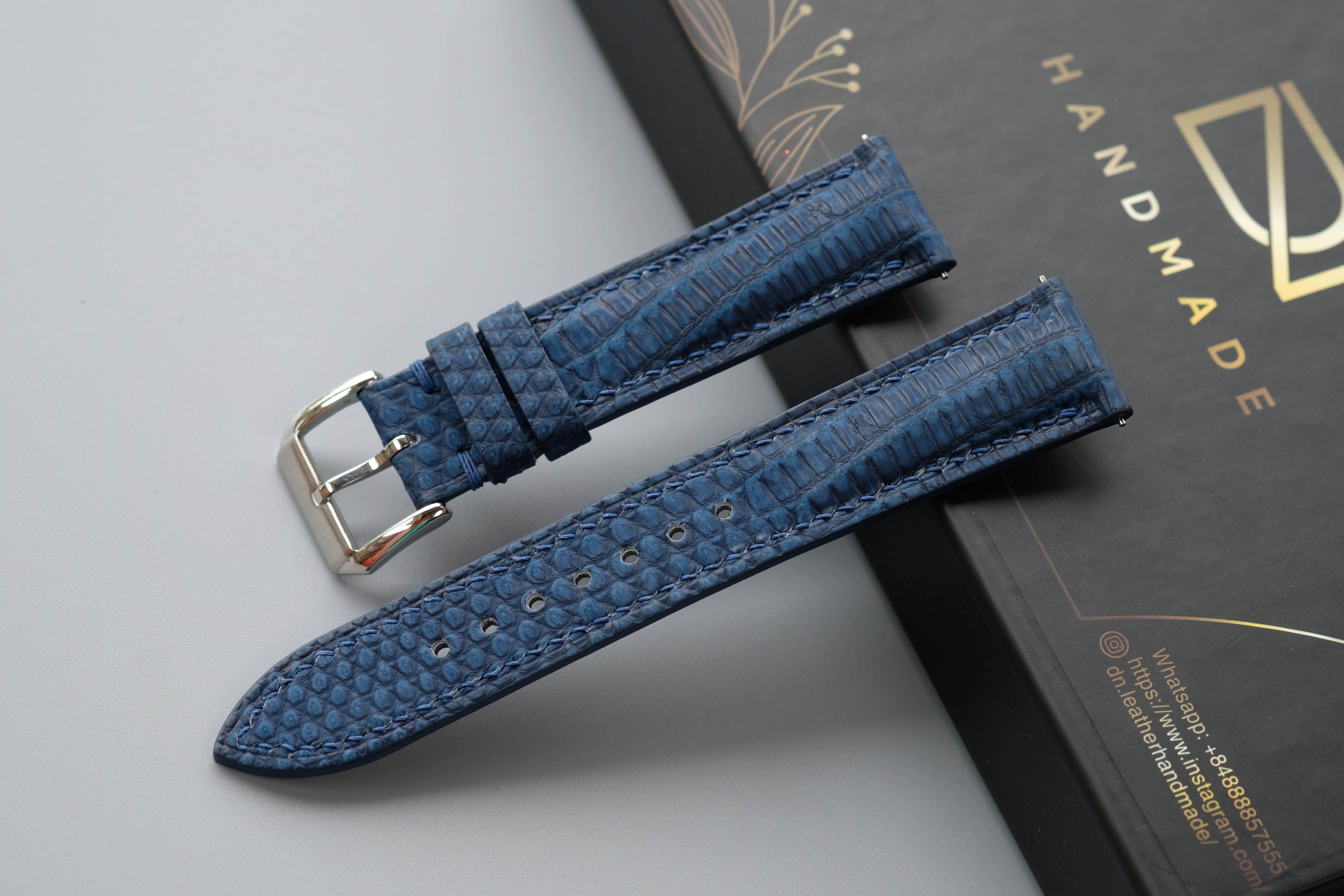 Navy Blue Nubuck Lizard Leather Watch Strap – Custom Sizes 10mm to 26mm